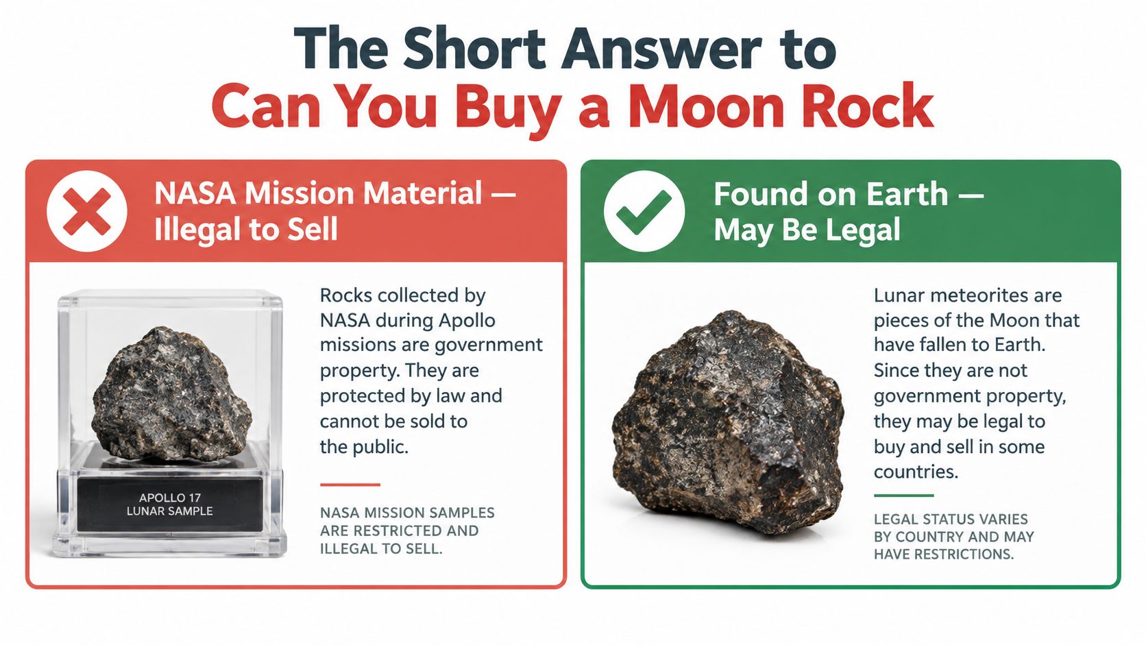 An infographic explaining the legal difference between buying NASA lunar mission samples and lunar meteorites found on Earth.