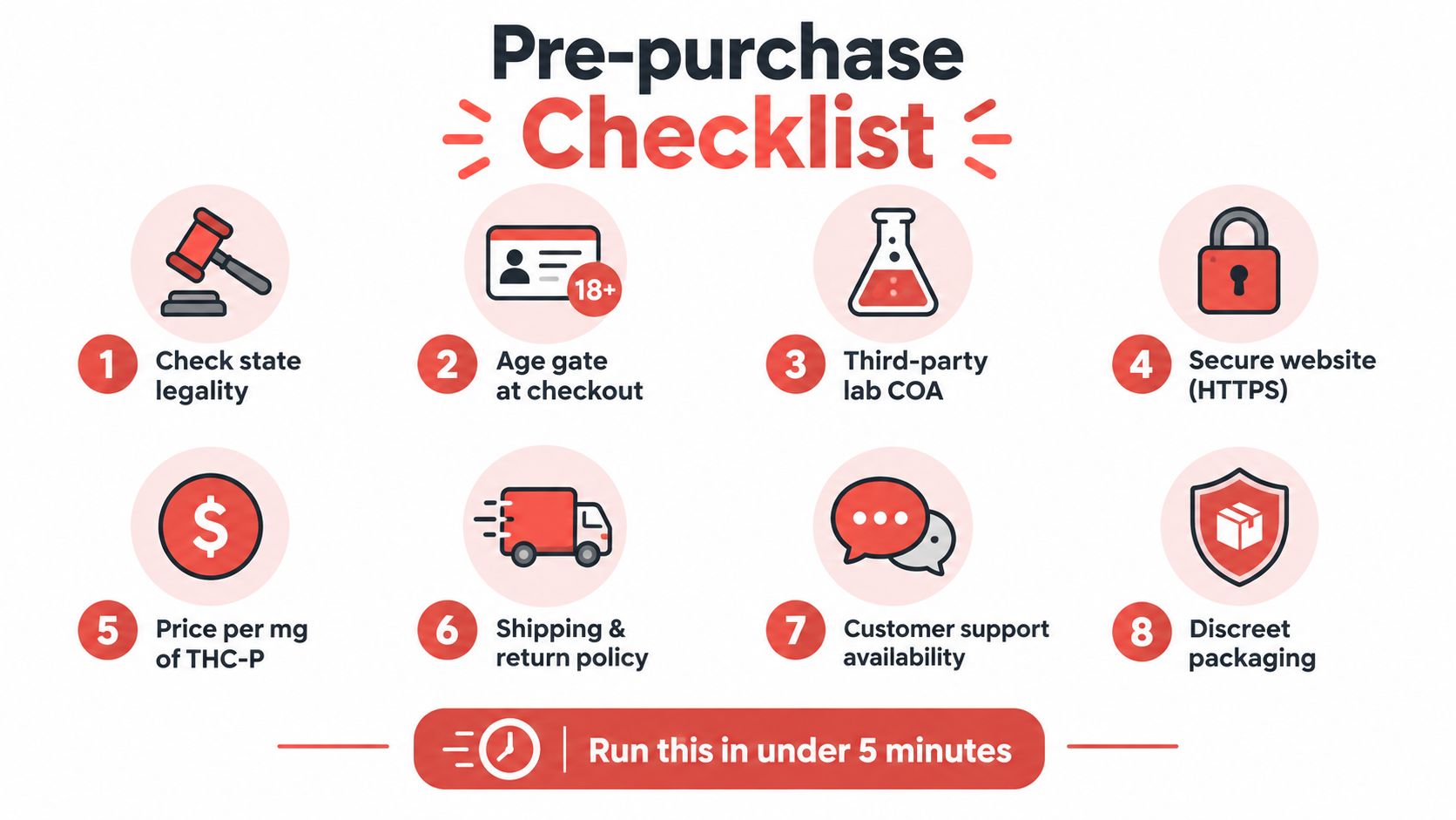 A pre-purchase checklist infographic with eight steps for buying THC-P products safely and legally online.