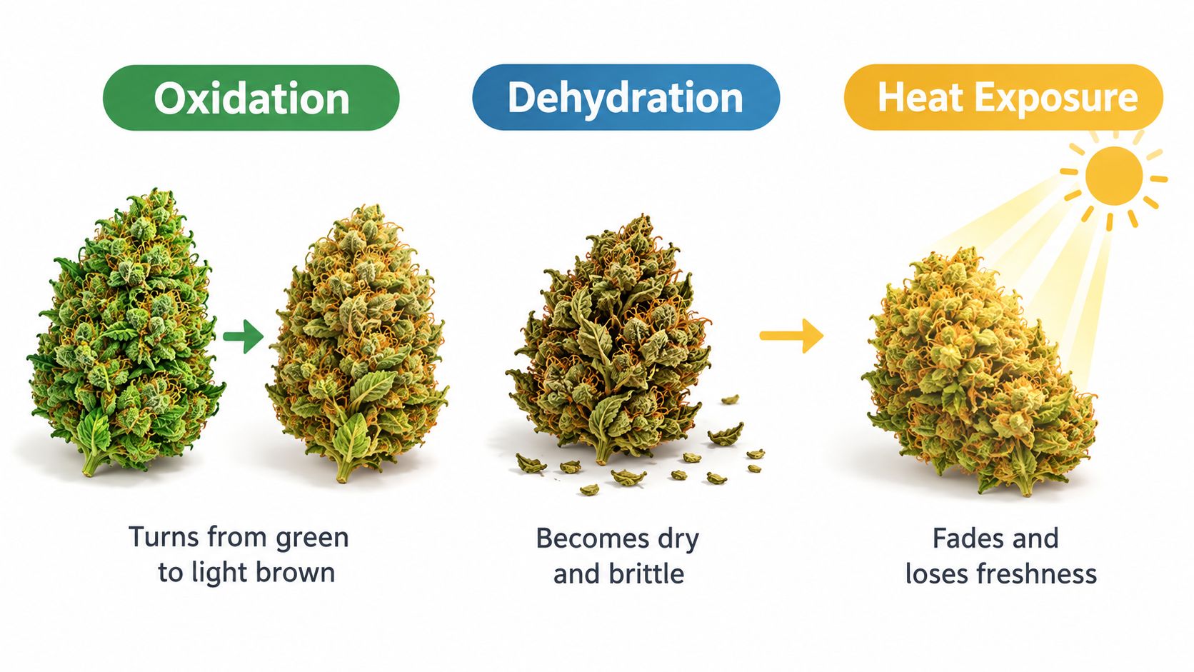 An infographic showing how oxidation, dehydration, and heat exposure degrade cannabis buds over time.