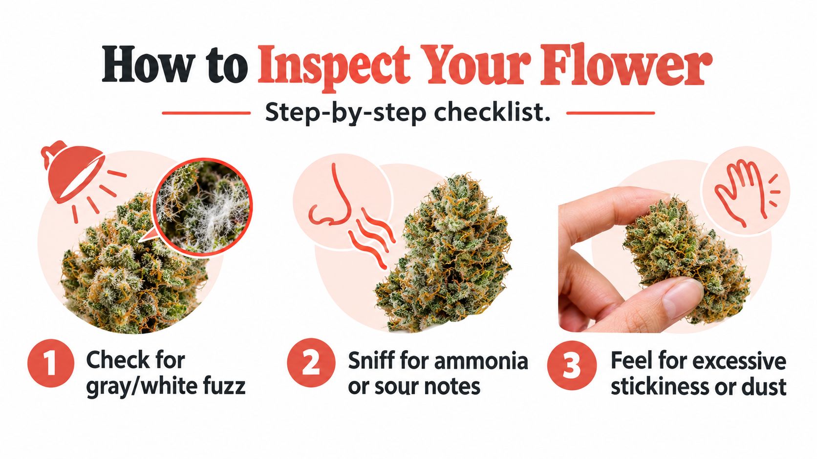 A three-step visual guide illustrating how to inspect cannabis flowers for mold, ammonia, and poor texture.