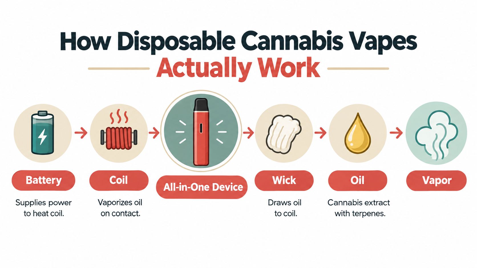 An infographic diagram illustrating the components and the step-by-step process of how a disposable cannabis vape works.