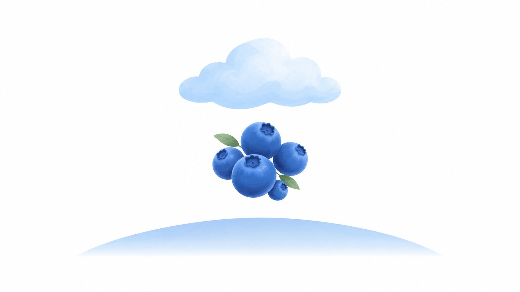 A whimsical illustration featuring a fluffy blue cloud above a small cluster of fresh, ripe blueberries.