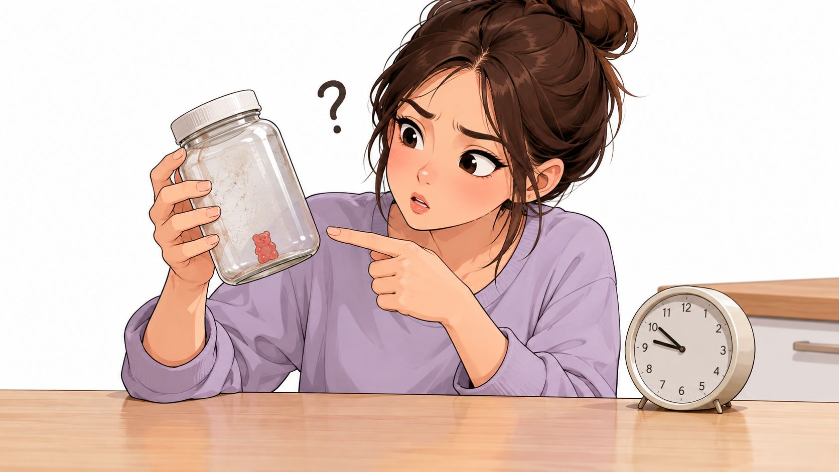 A confused young woman looks at a single red gummy candy inside a mostly empty glass jar.