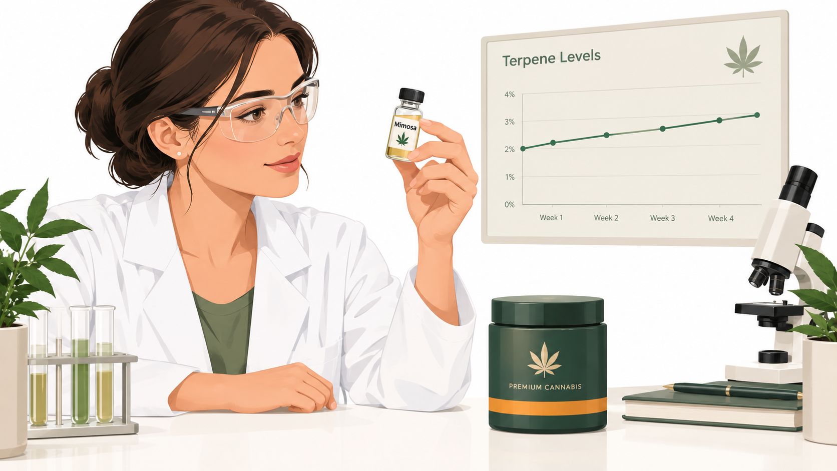 A female scientist in a white coat examines a Mimosa strain vial with a terpene level chart.
