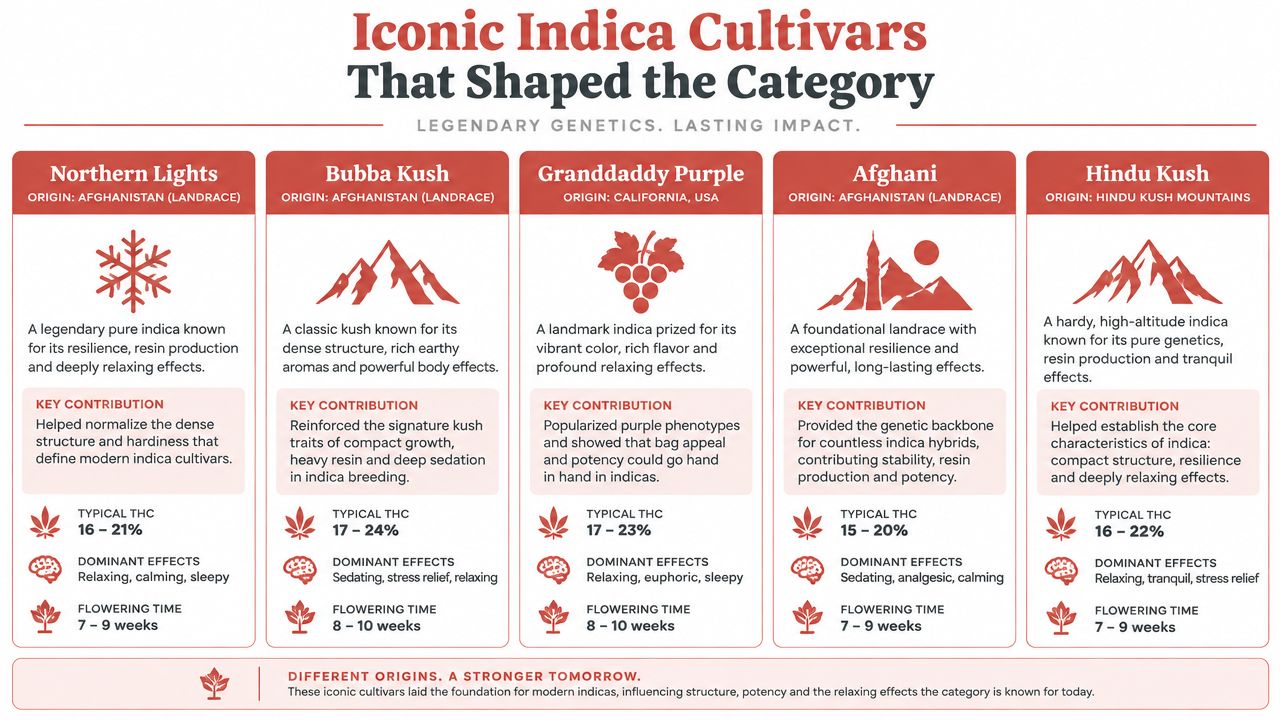 An infographic detailing five iconic indica cannabis cultivars, their origins, key contributions, THC levels, and effects.