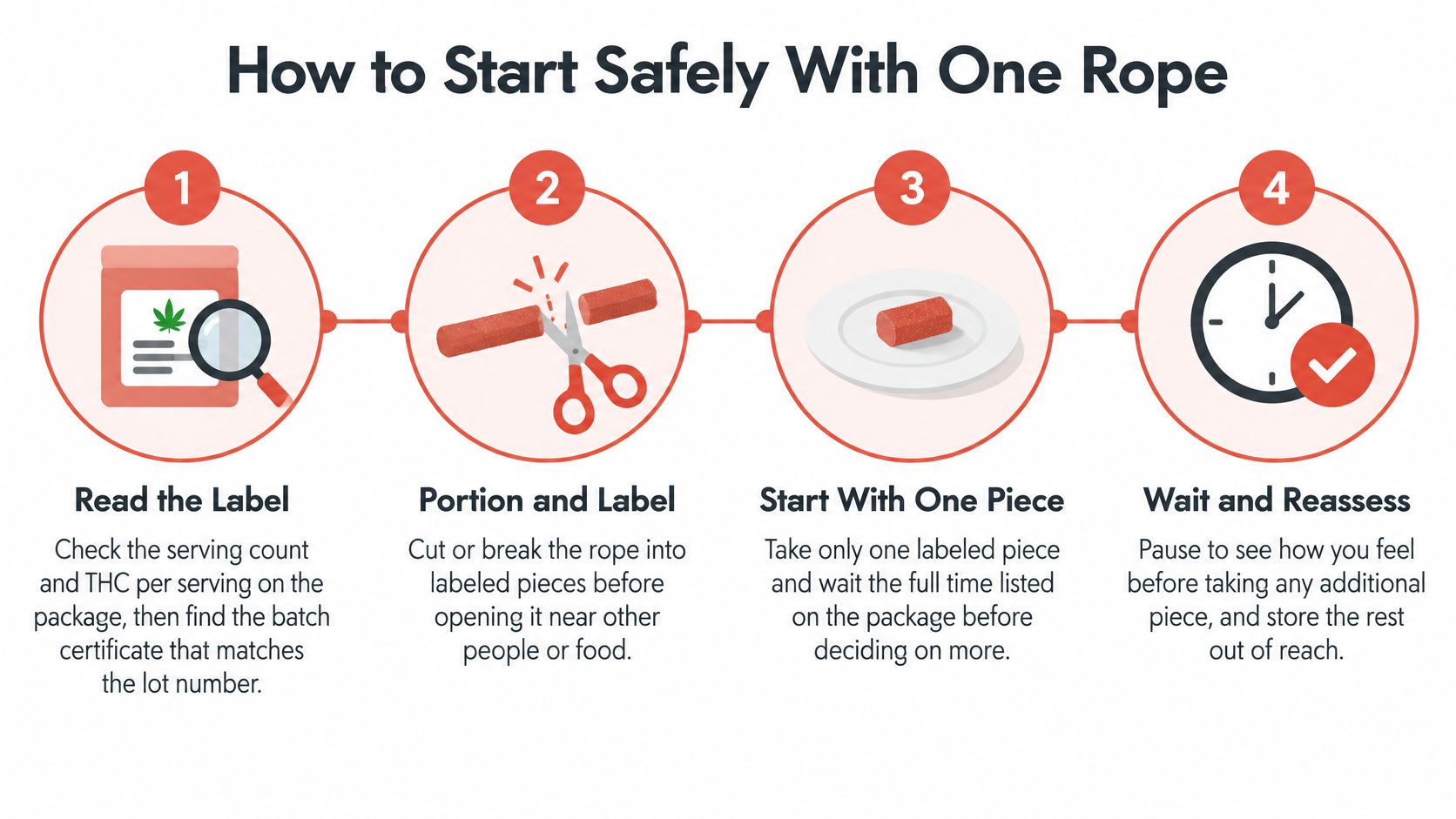 An infographic showing four steps for safely consuming THC cannabis-infused rope edible products.