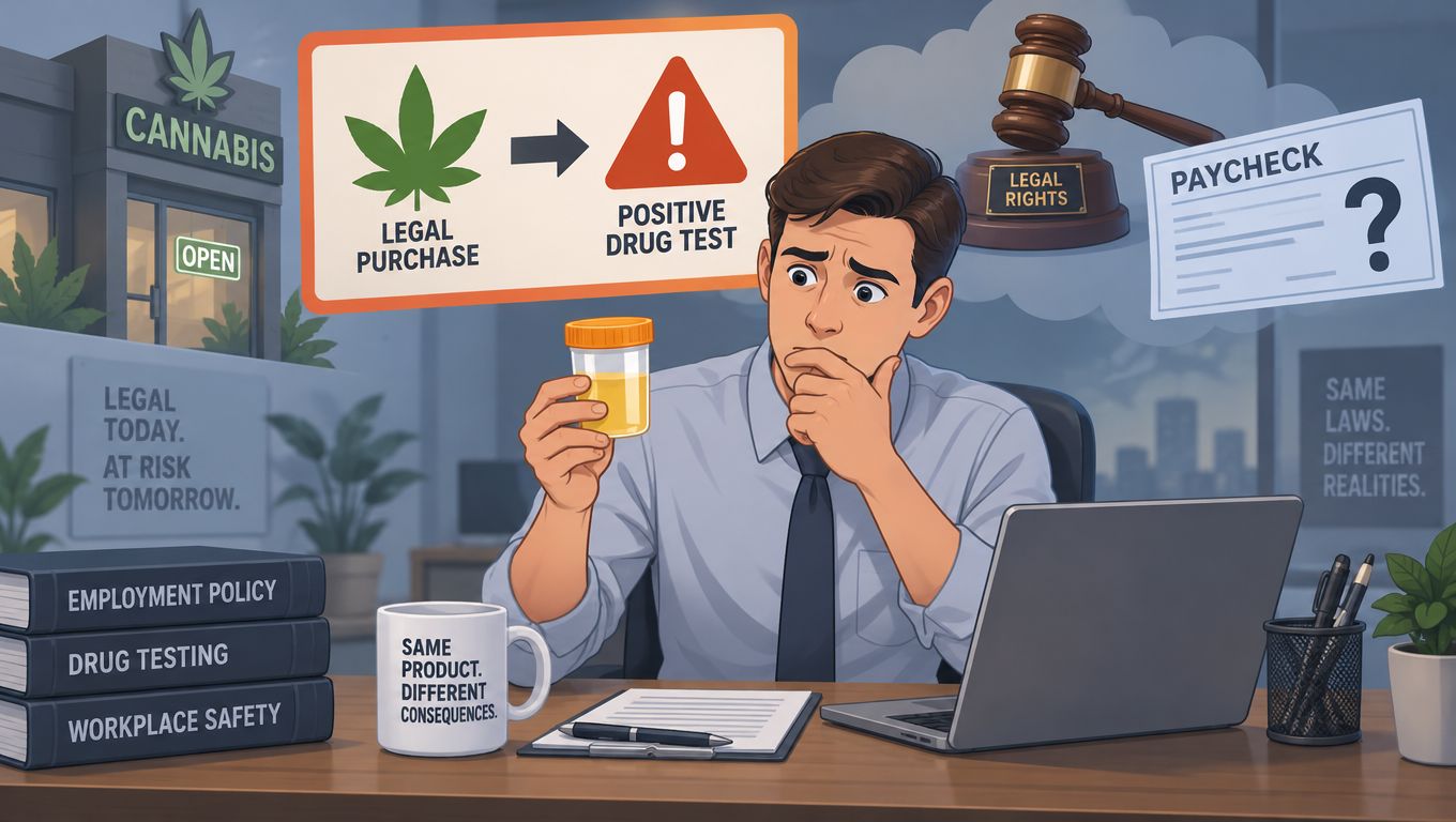A worried employee holding a urine sample cup, contemplating the workplace consequences of legal cannabis use.
