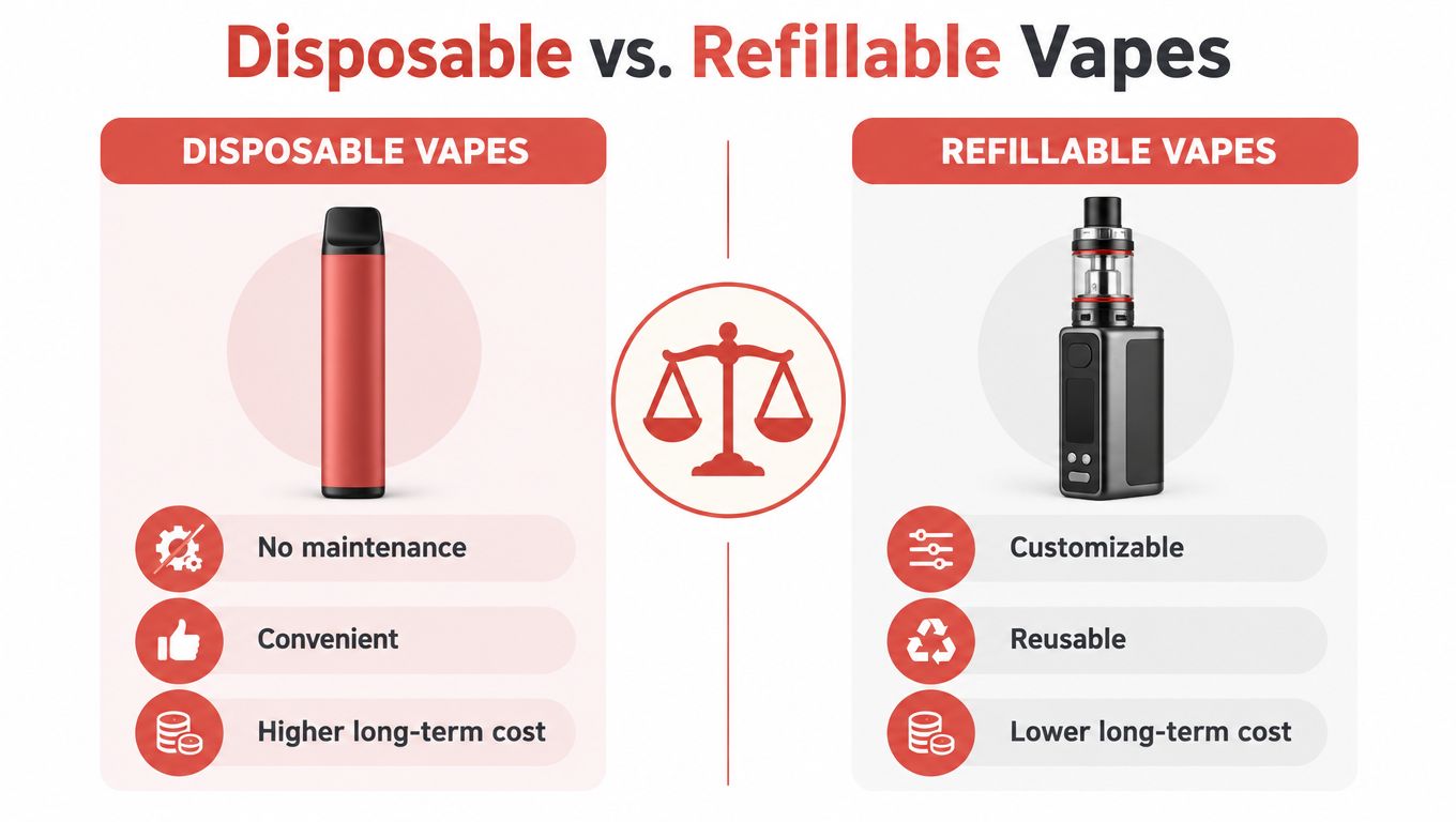 A comparison chart showing the differences between disposable vapes and refillable vapes with pros and cons.