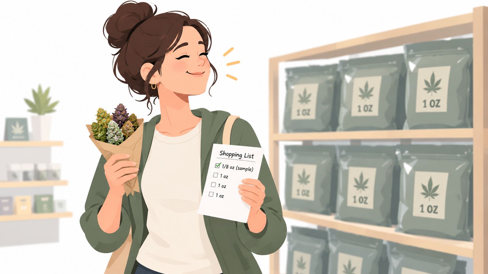 A happy woman holding a bundle of flowers and a shopping list inside a cannabis dispensary store.