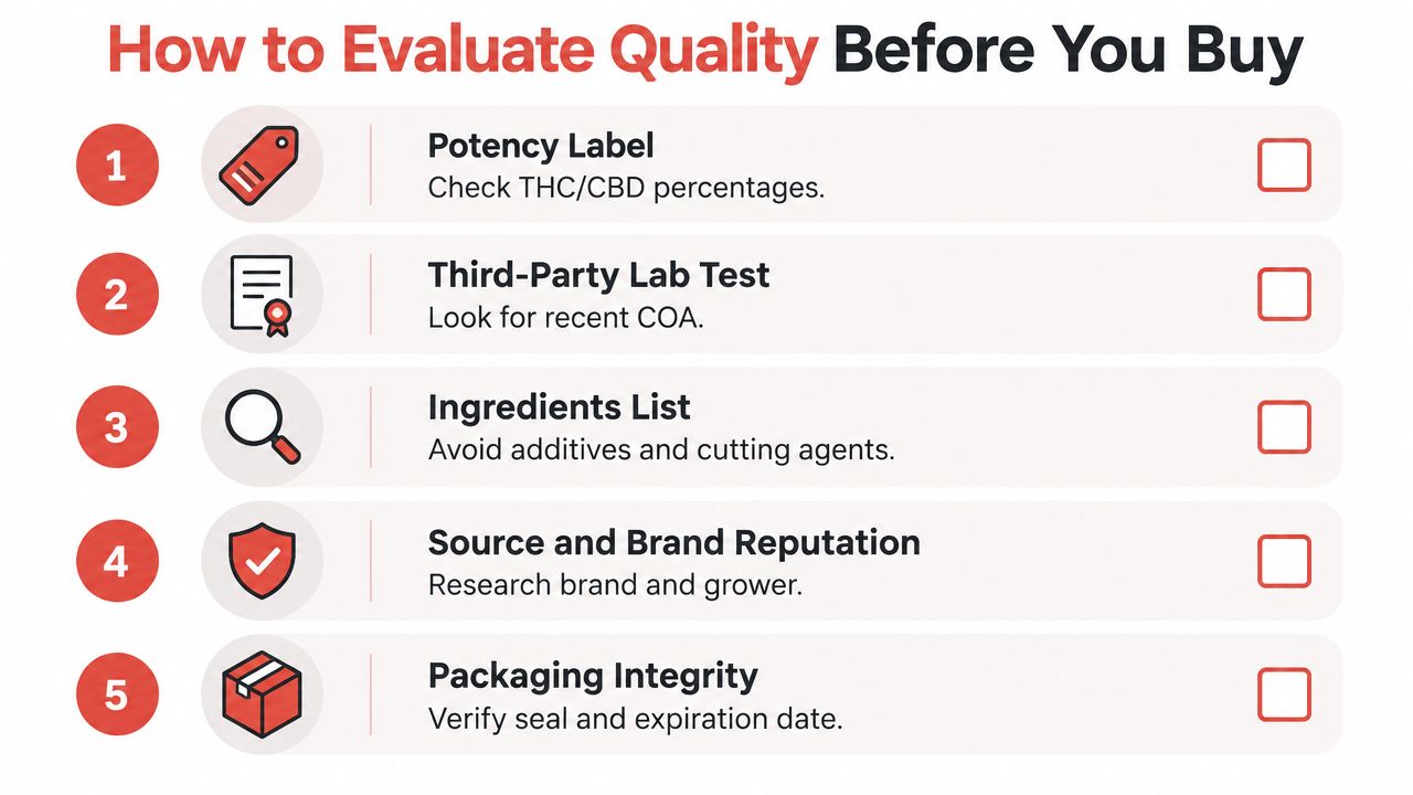 A five-step checklist for evaluating the quality of disposable weed vapes before making a purchase.