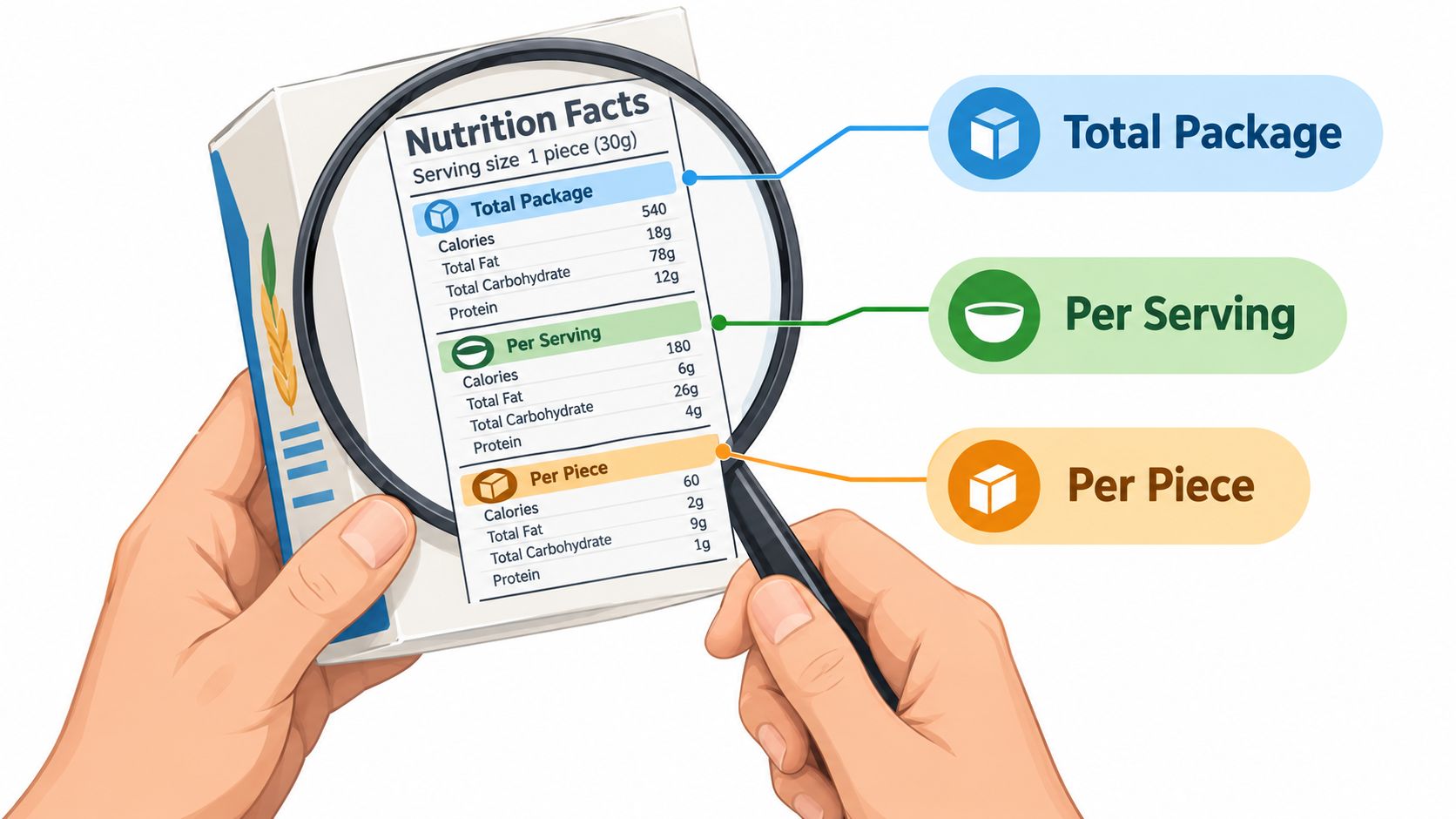 A person examines a nutrition facts label with a magnifying glass, showing calorie and nutrient breakdowns.