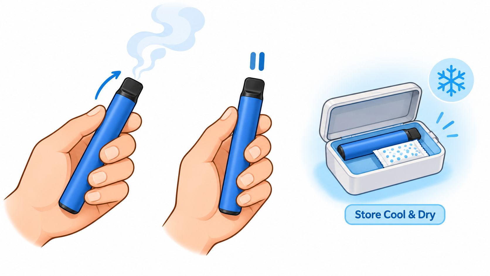 An illustration showing how to use and store a blue disposable vape pen properly.