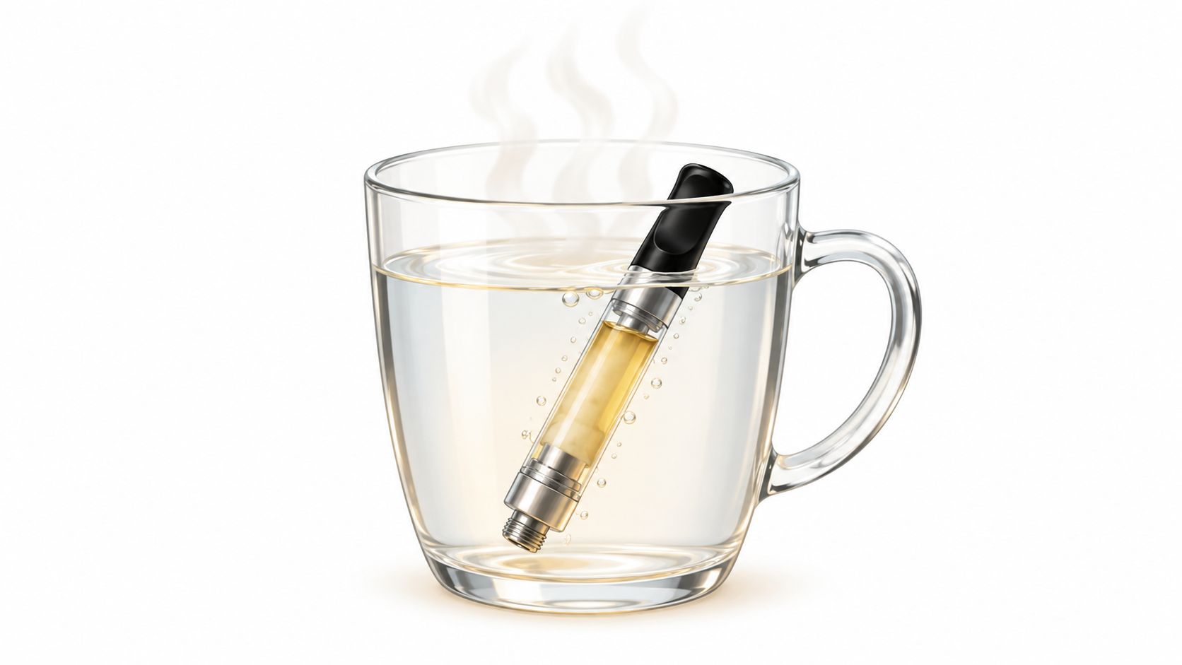 A vape cartridge soaking inside a clear glass mug of hot water to warm the oil.