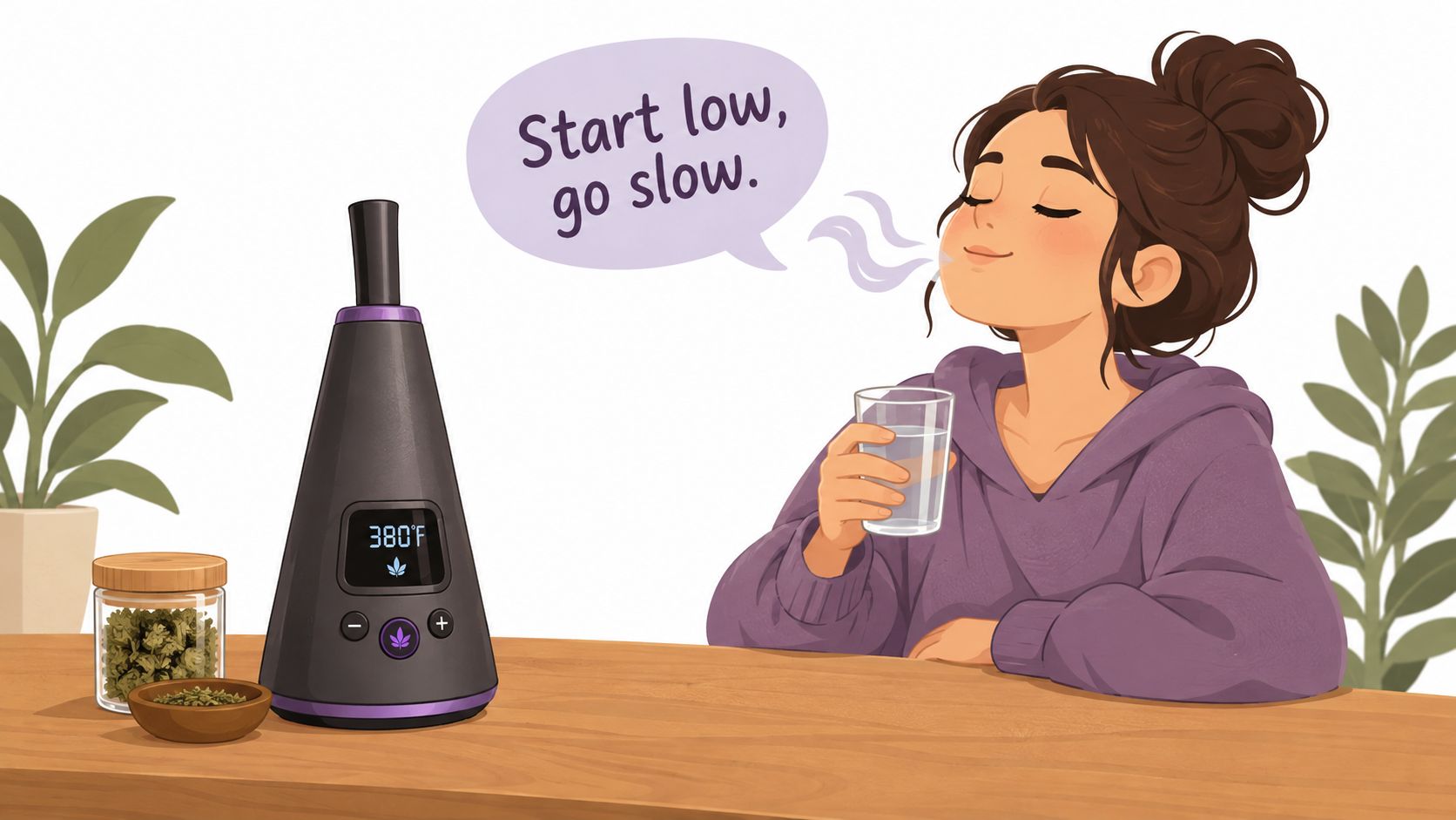An illustrated young woman with her eyes closed next to a cannabis vaporizer and herbal products.