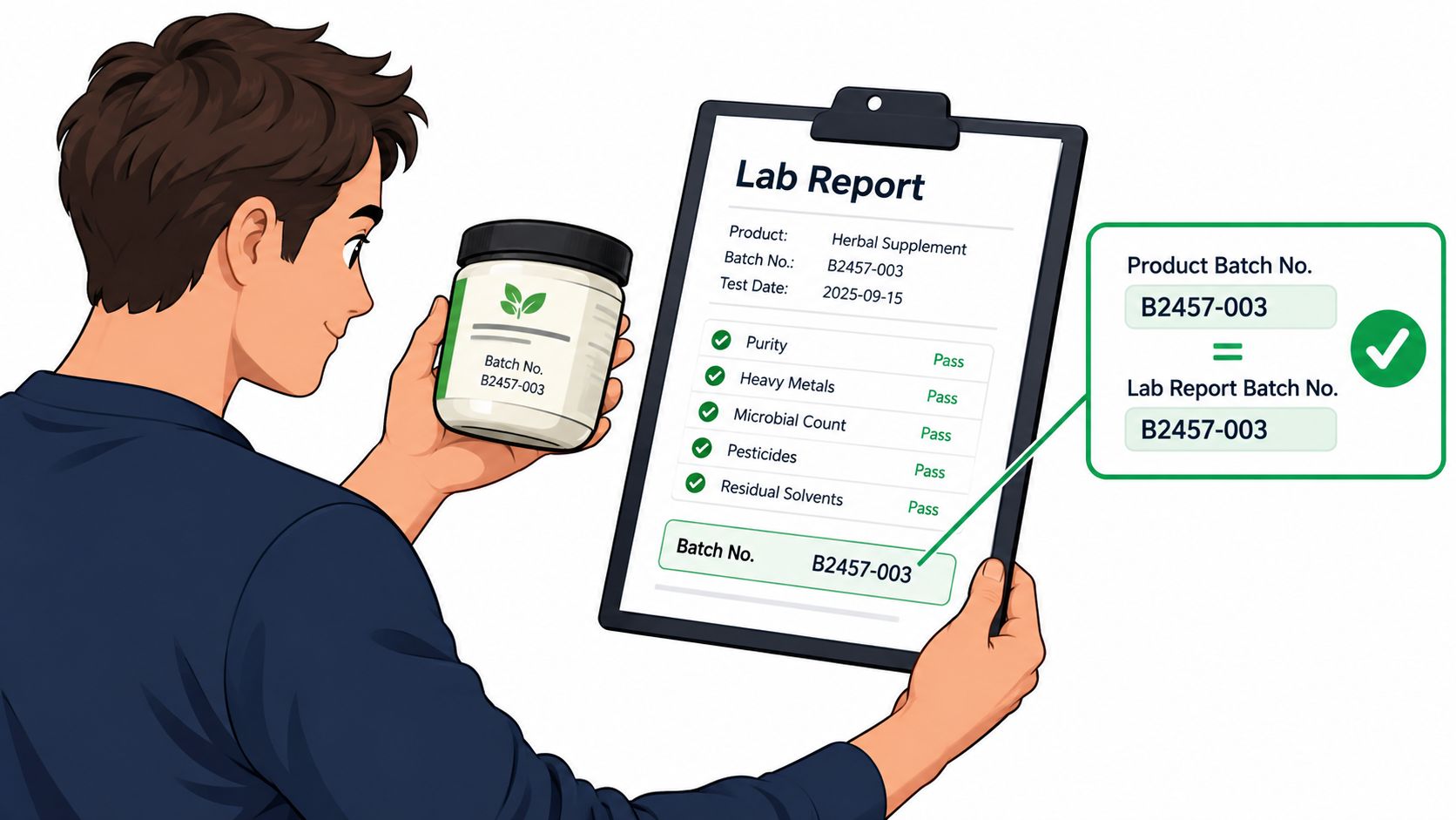 A person comparing a supplement bottle label with a verified lab report document for quality assurance.