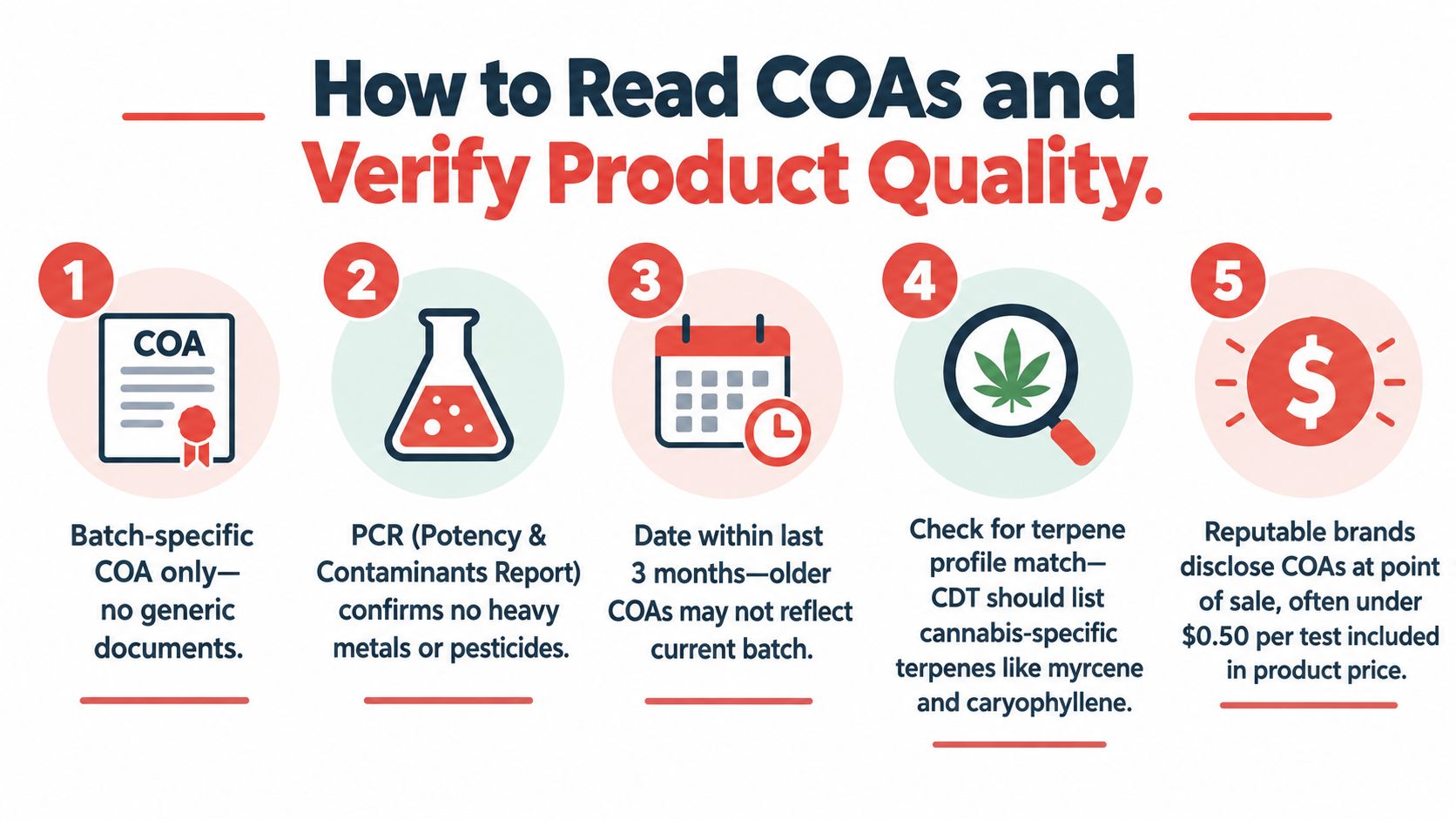 A five-step guide on how to read Certificates of Analysis for cannabis products to verify quality.
