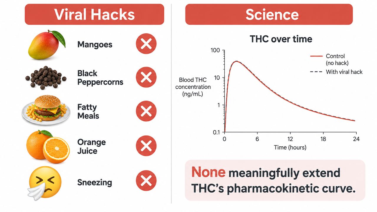 A chart debunking common viral myths that claim to extend the duration of a cannabis high.