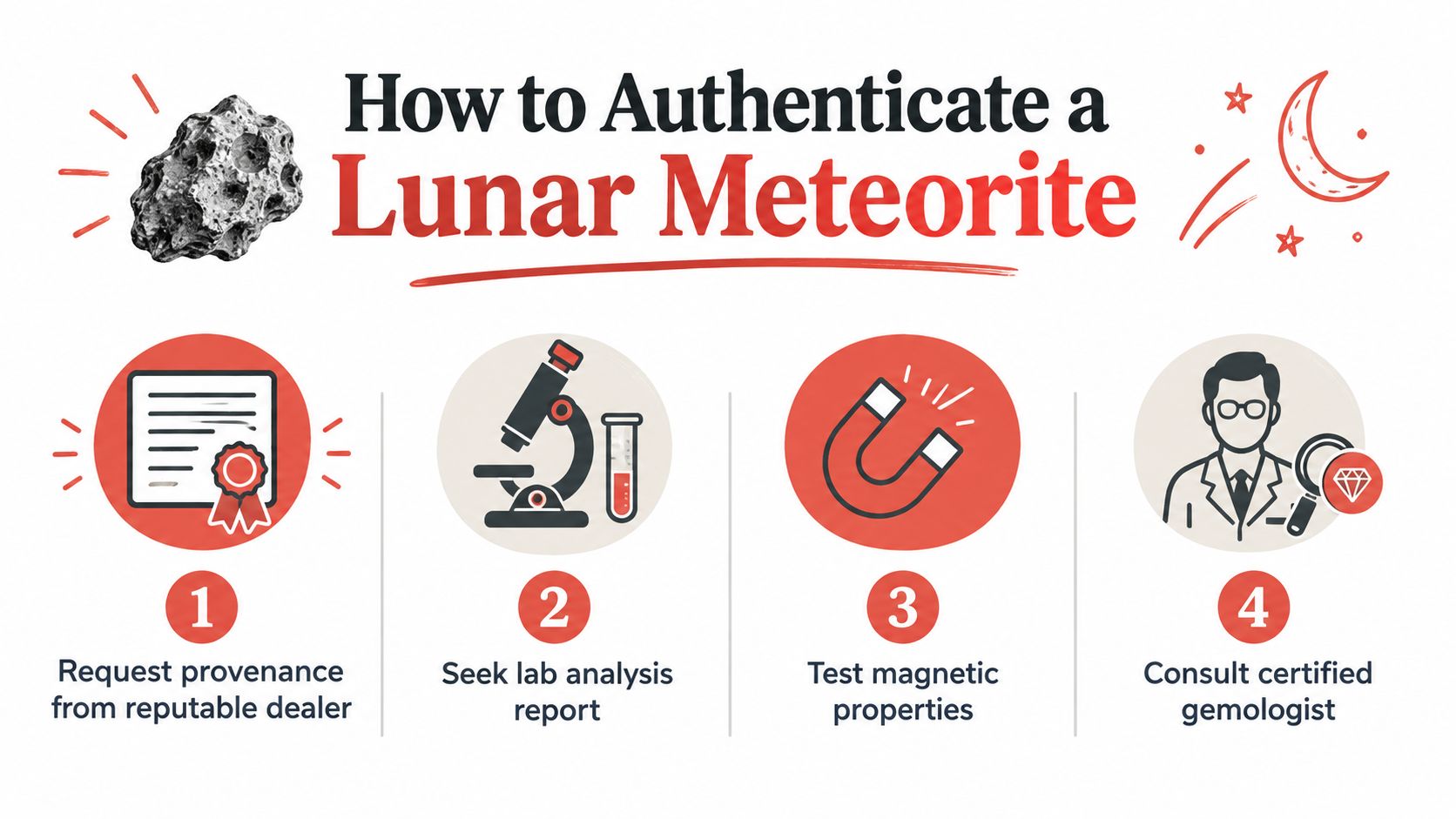 An infographic titled How to Authenticate a Lunar Meteorite with four numbered steps for verification.