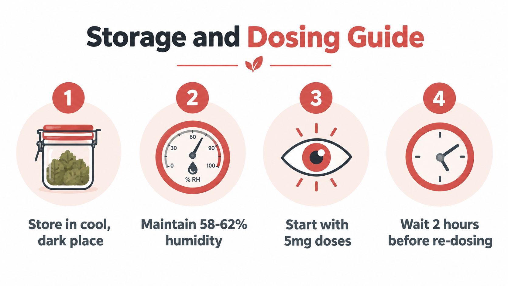An instructional infographic detailing storage and dosing guidelines for cannabis products with four simple numbered steps.