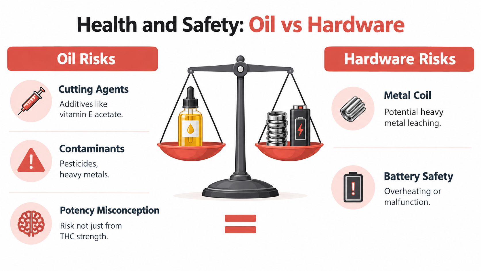 A balanced scale comparing potential health and safety risks between cannabis oil and vaping hardware components.