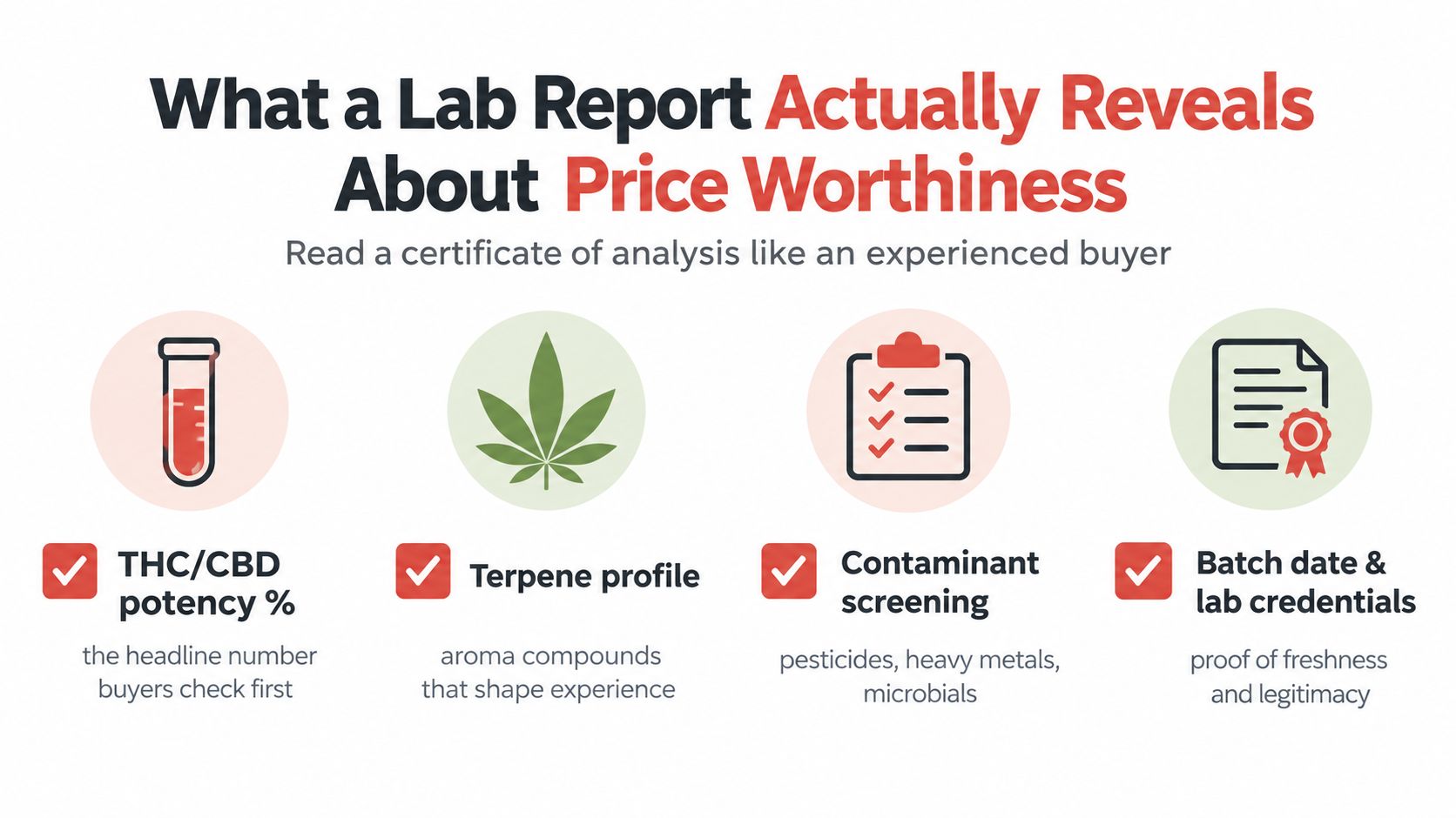 An infographic explaining how to read a certificate of analysis lab report for cannabis quality assessment.