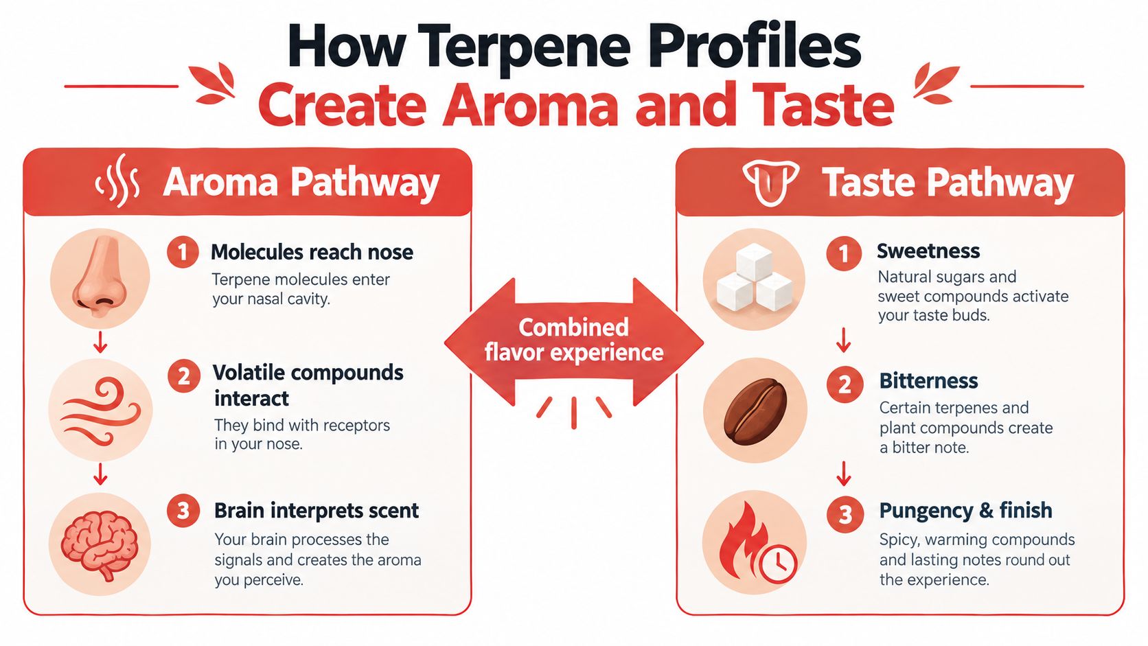 An infographic illustrating how terpene profiles create aroma and taste through nasal and gustatory sensory pathways.