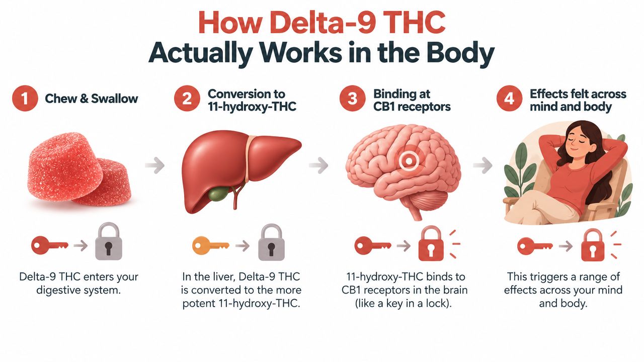 An infographic illustrating how Delta-9 THC gummies are processed by the body and affect the brain.