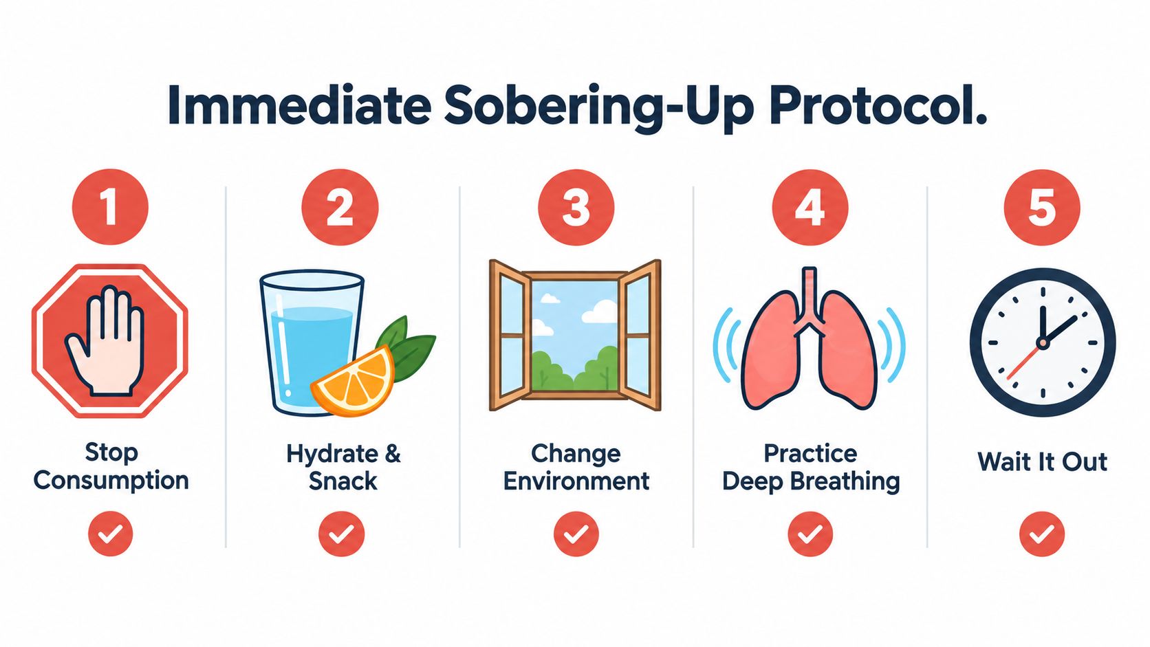 An infographic titled Immediate Sobering-Up Protocol illustrating five steps to help someone become sober.