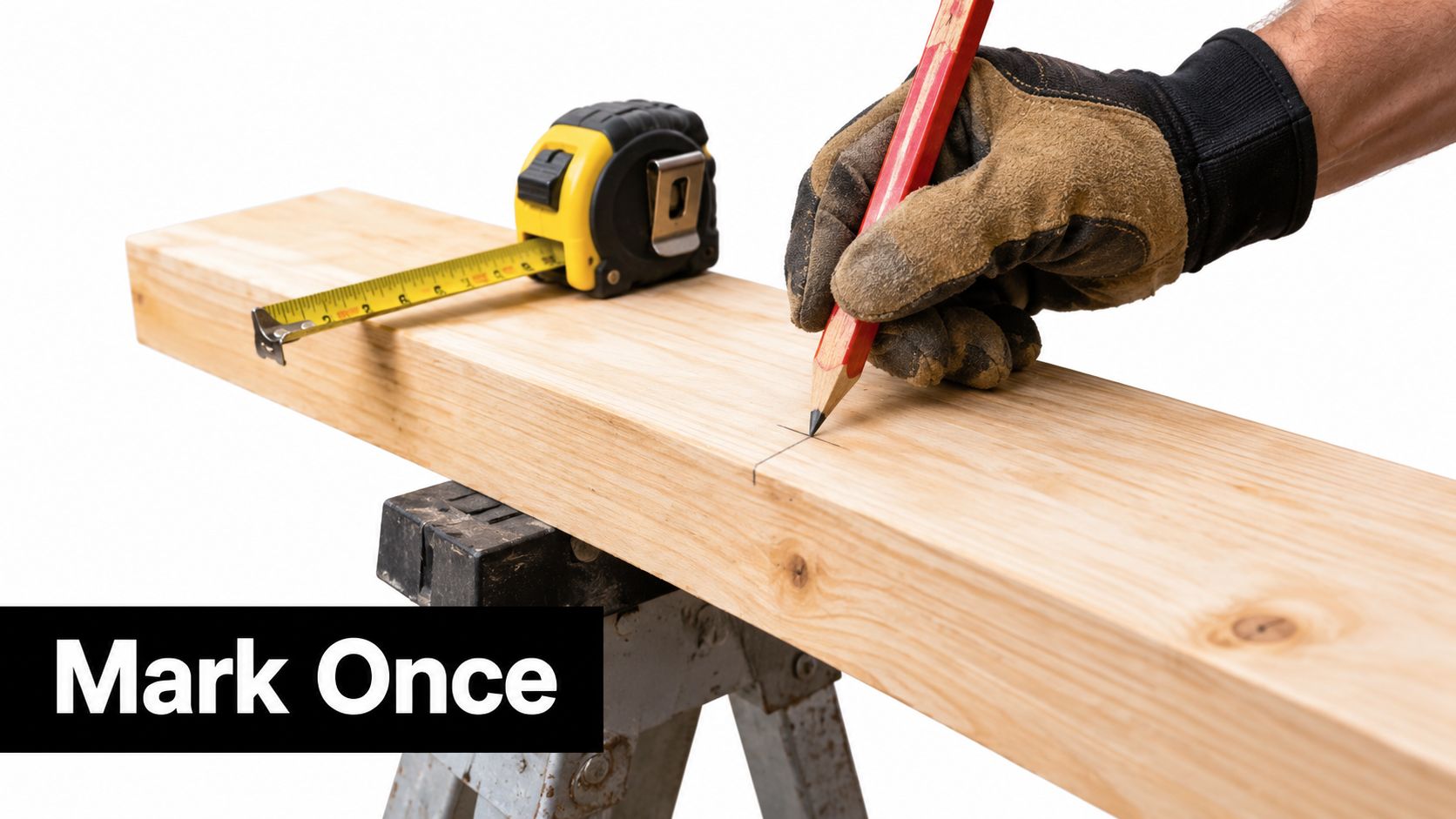 A person in work gloves using a red carpenter pencil to mark a line on a wooden board.