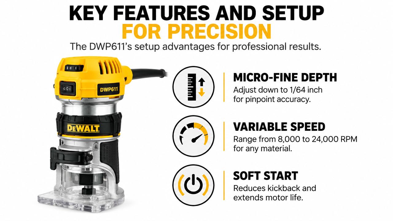 A DeWalt DWP611 compact router highlighted with its key professional precision adjustment and performance features listed.