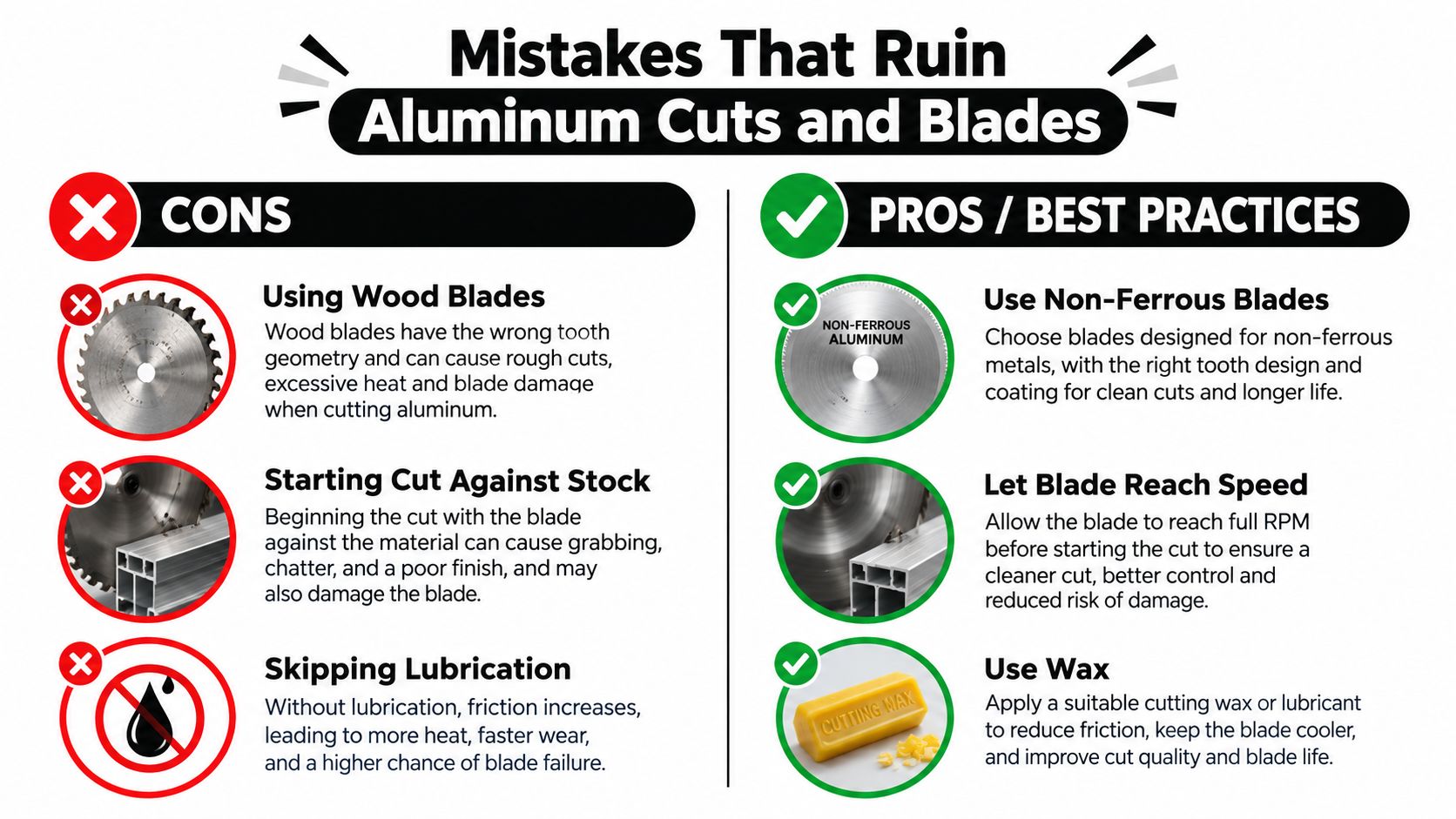 An infographic comparing common mistakes versus best practices when cutting aluminum with a saw blade.