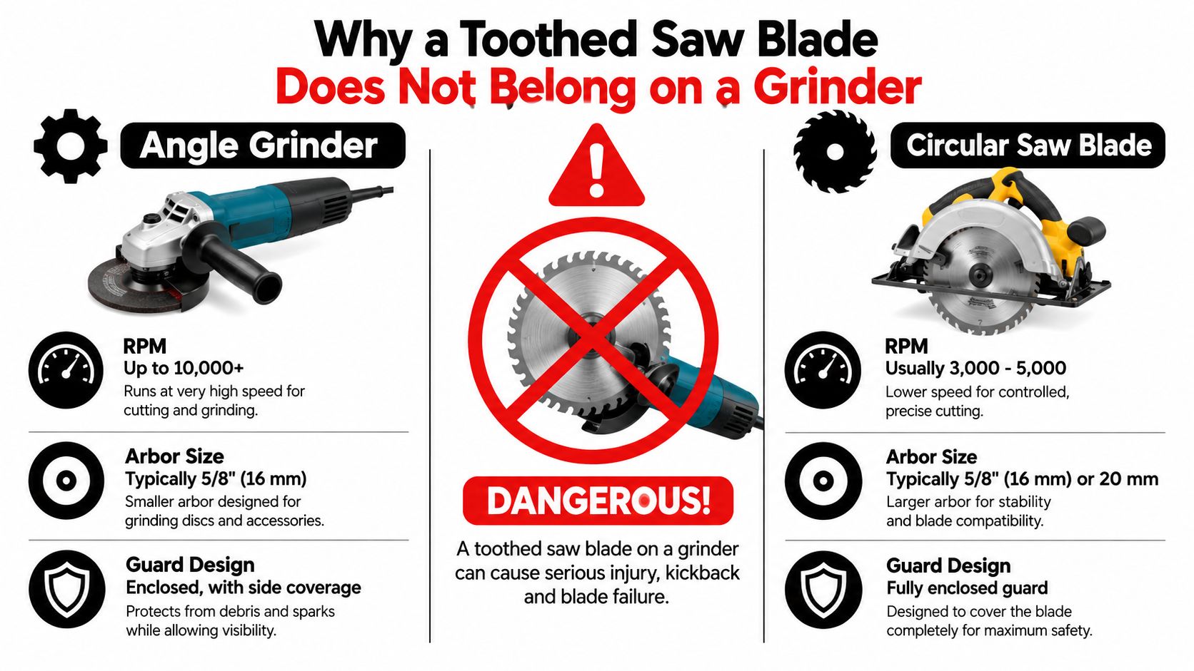 A safety infographic warning against using a toothed circular saw blade on a handheld angle grinder.