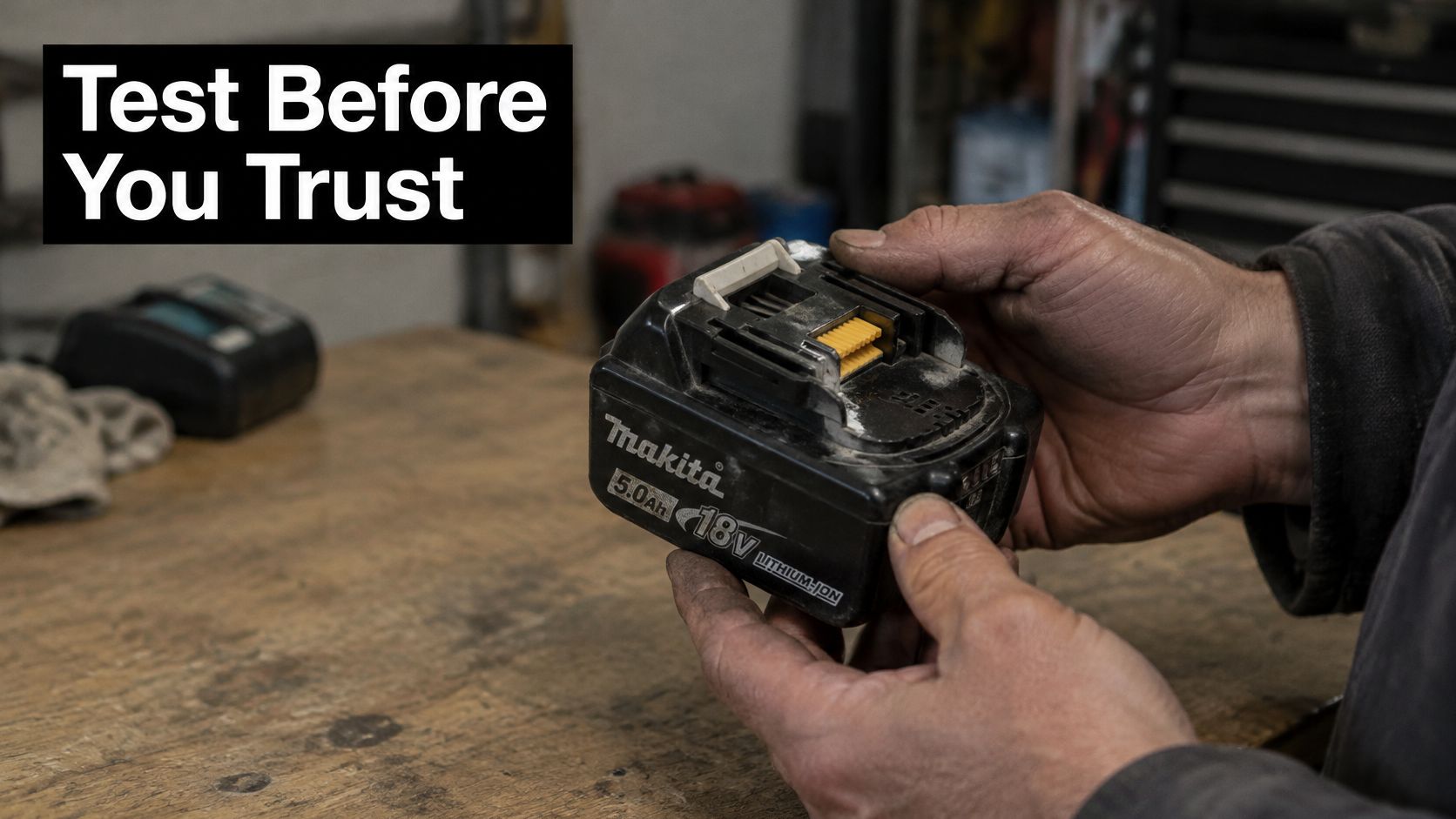 A close-up view of a person holding a dirty Makita 18v 5.0Ah lithium-ion battery in a workshop.