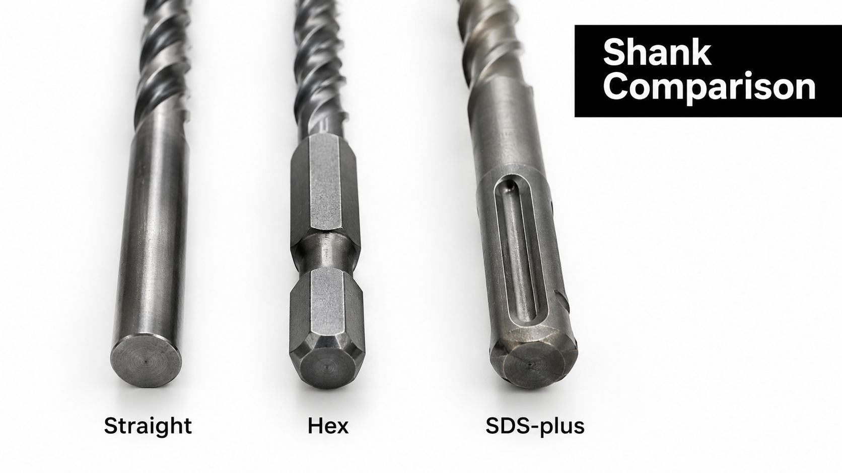 A studio shot comparing three different types of drill bit shanks: straight, hex, and SDS-plus.
