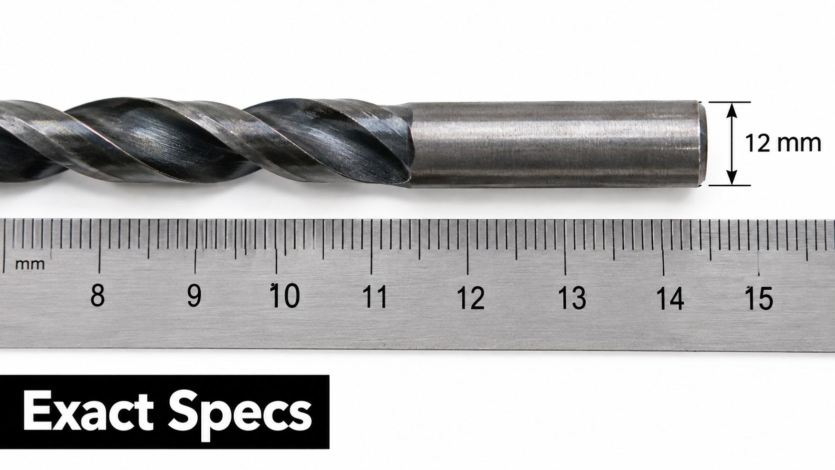A close-up view of a 12 mm steel drill bit aligned with a metal ruler for measurement.