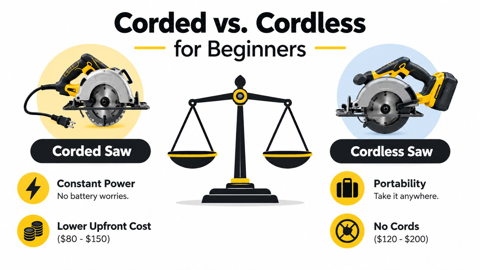 A comparison chart showing the benefits of corded versus cordless circular saws for beginner woodworkers.