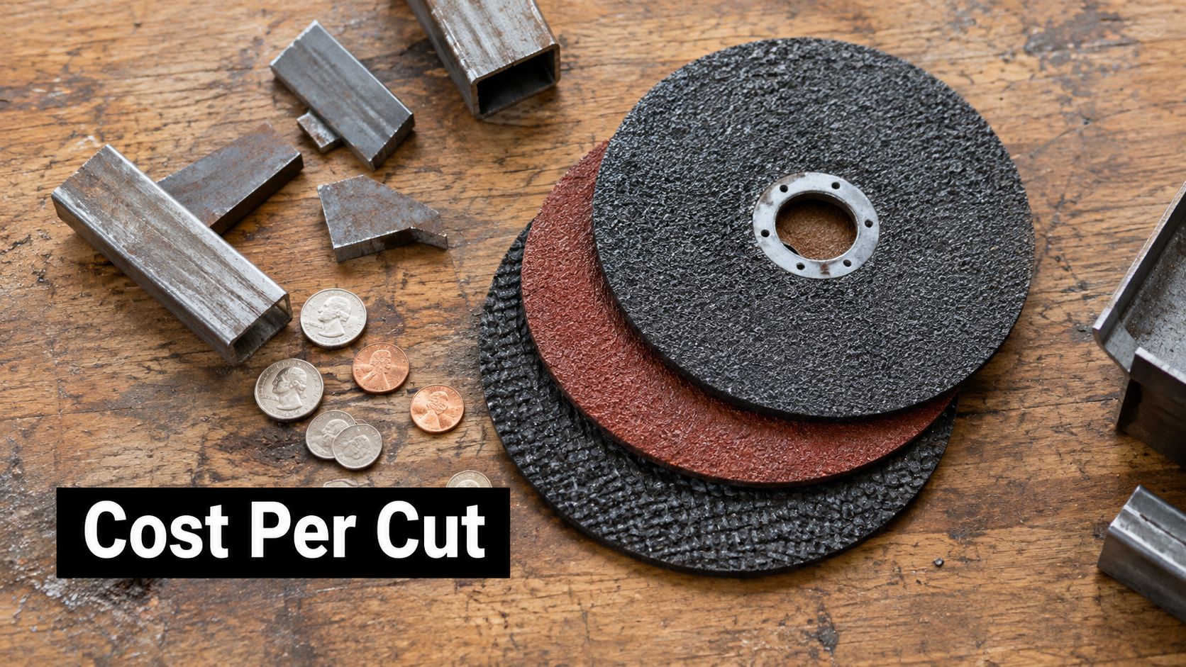 A top-down view of metal angle grinder discs and coins on a wooden workbench for metalworking projects.