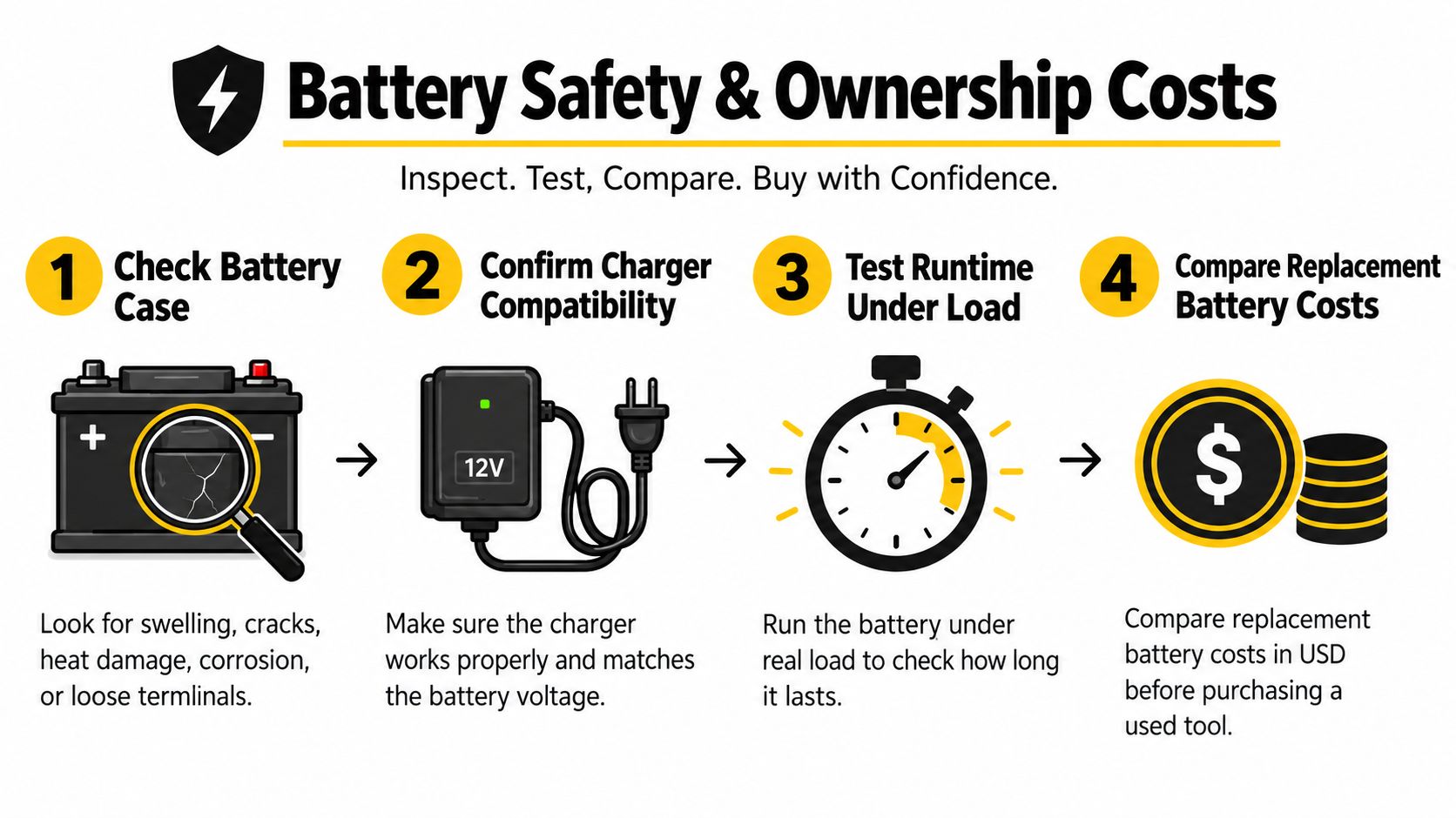 A four-step infographic illustrating essential safety tips and cost considerations when purchasing used power tool batteries.