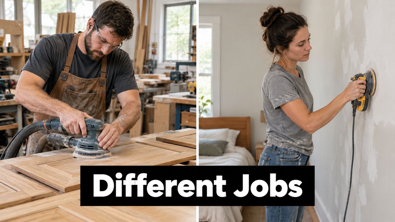 A split-screen image showing a man sanding a wooden cabinet door and a woman sanding a drywall.
