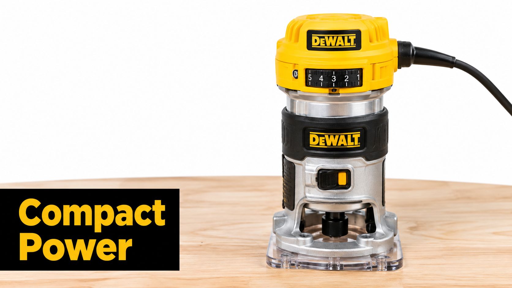 A professional yellow and black DEWALT compact router standing on a wooden surface against a white background.