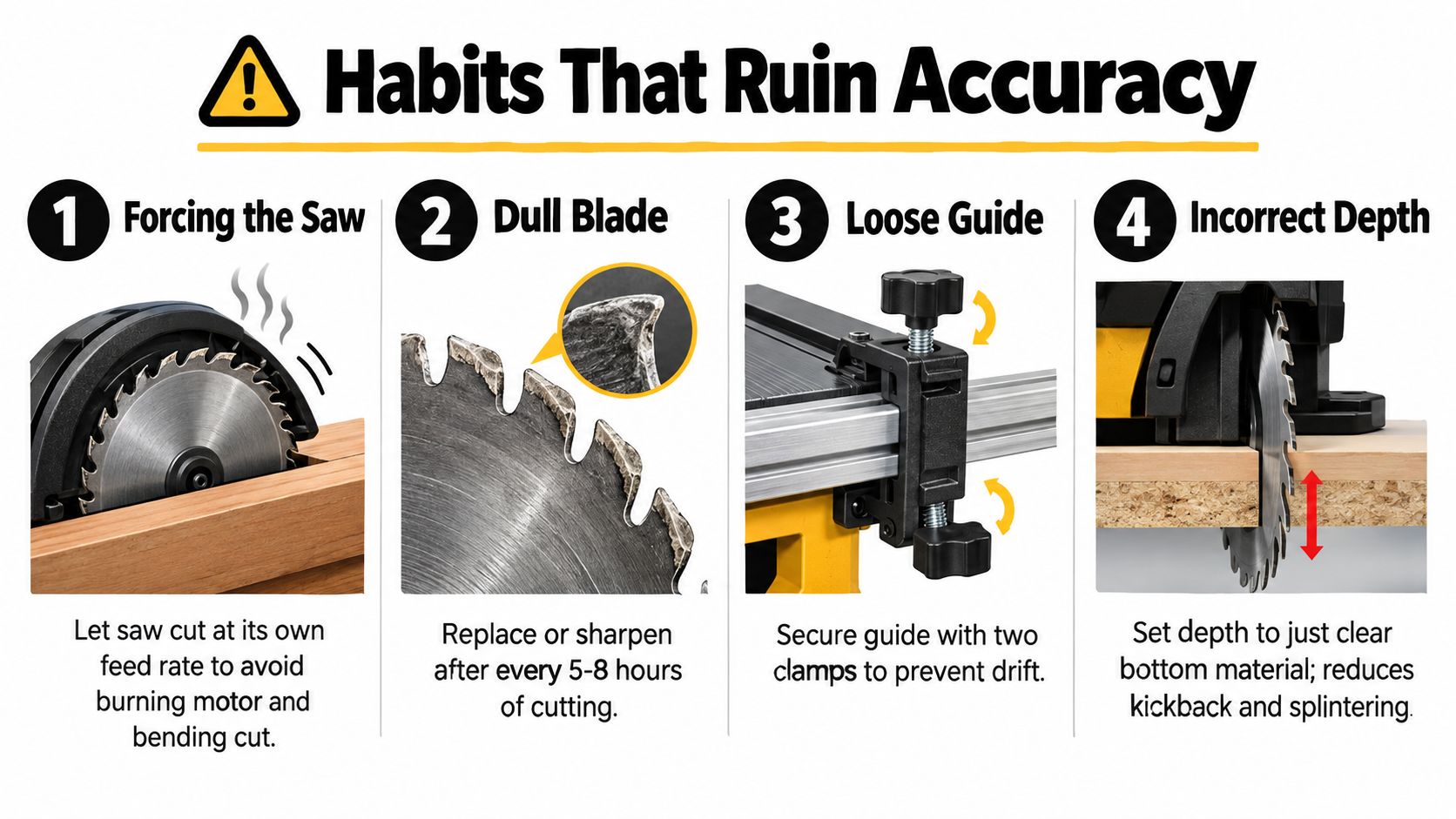 A visual guide identifying four common habits like forcing the saw that ruin circular saw cutting accuracy.