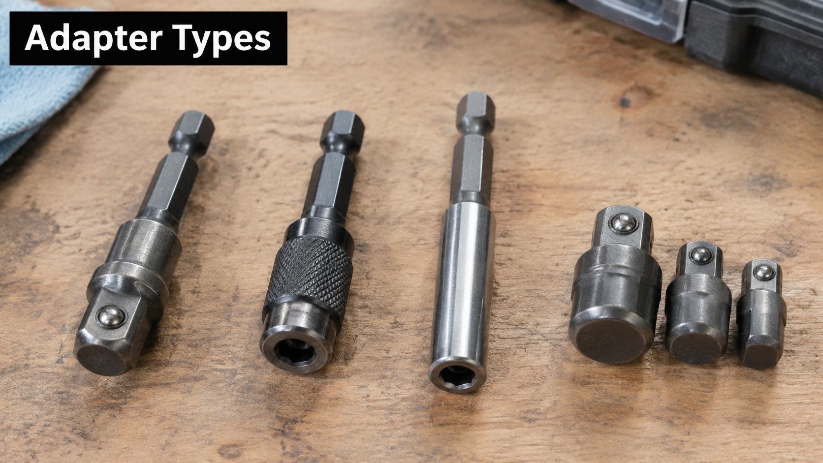 A set of various metal impact driver adapters arranged on a wooden surface for construction tasks.