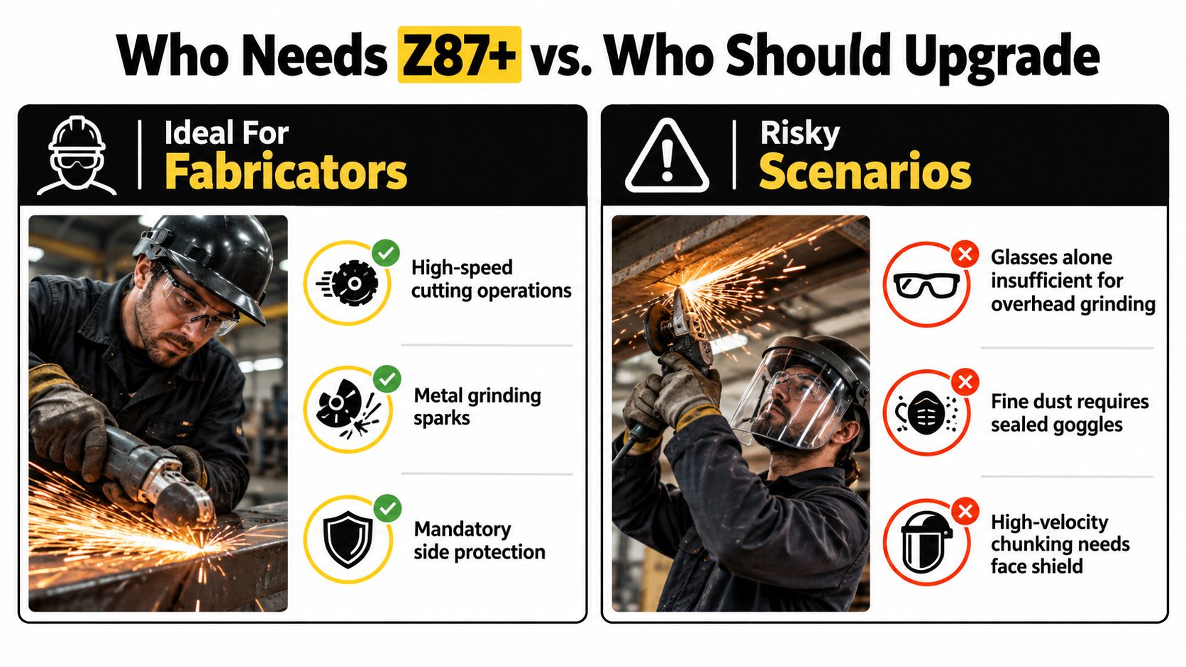 A comparison chart showing ideal Z87+ safety glasses use for fabricators versus scenarios requiring additional protection gear.
