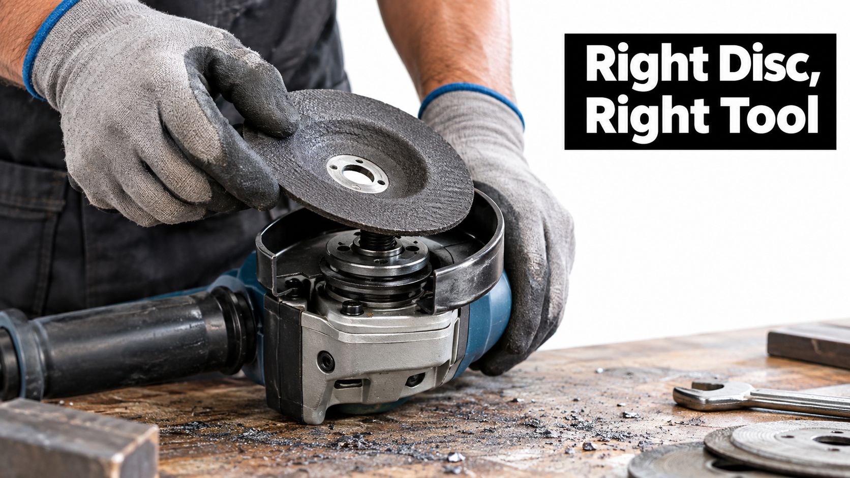 A worker wearing safety gloves installs a grinding disc onto a blue power angle grinder tool.