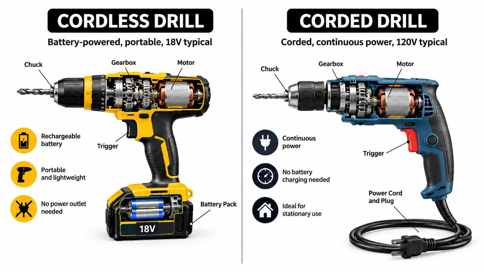An infographic comparing components and features of a battery-powered cordless drill and a plug-in corded drill.