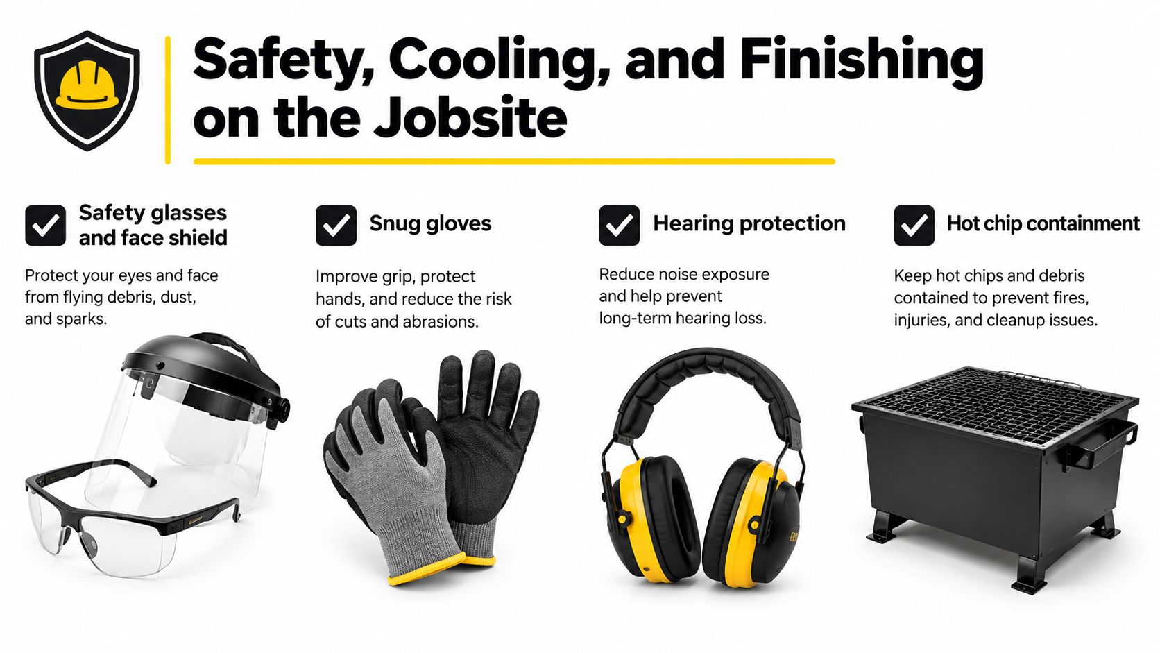 A safety infographic displaying four essential items for jobsite safety including eye protection, work gloves, ear muffs, and chip containment.