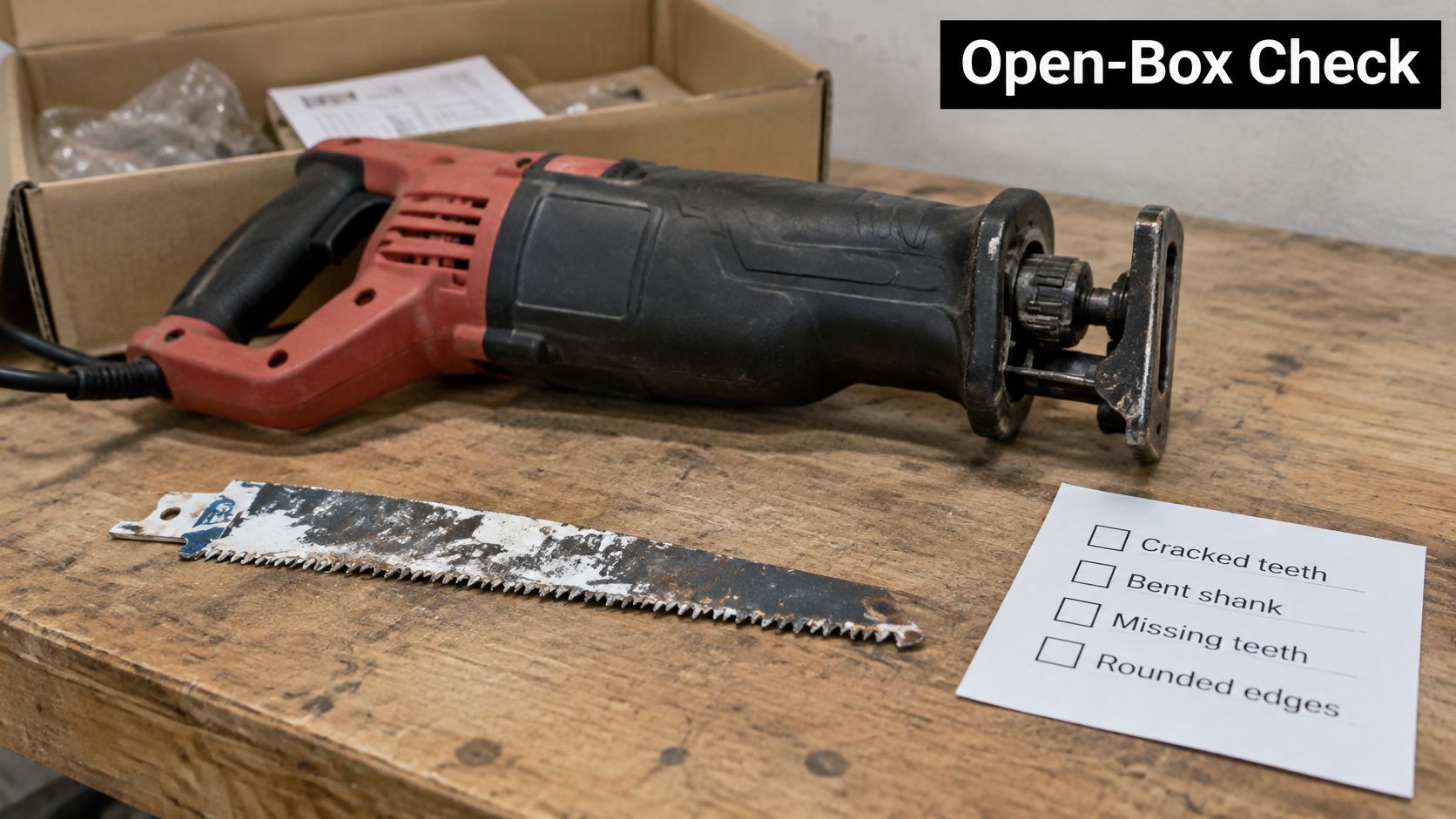 A red reciprocating saw with a worn blade resting on a wooden workbench with a checklist.