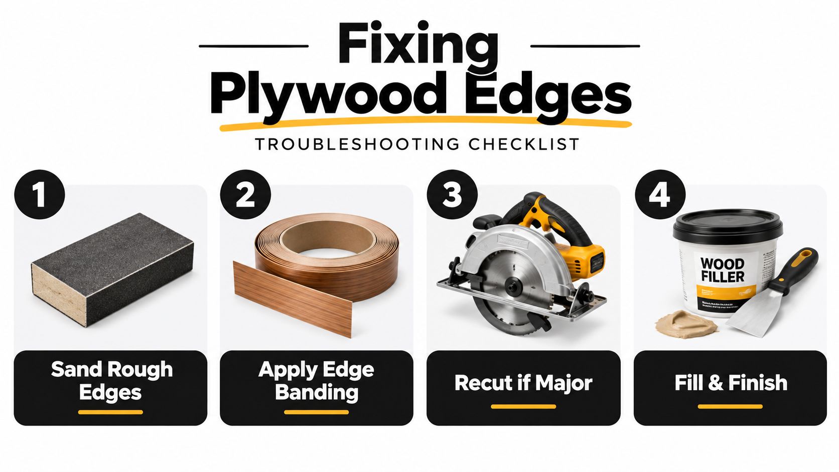 A four-step troubleshooting checklist for fixing and finishing rough plywood edges in woodworking projects.
