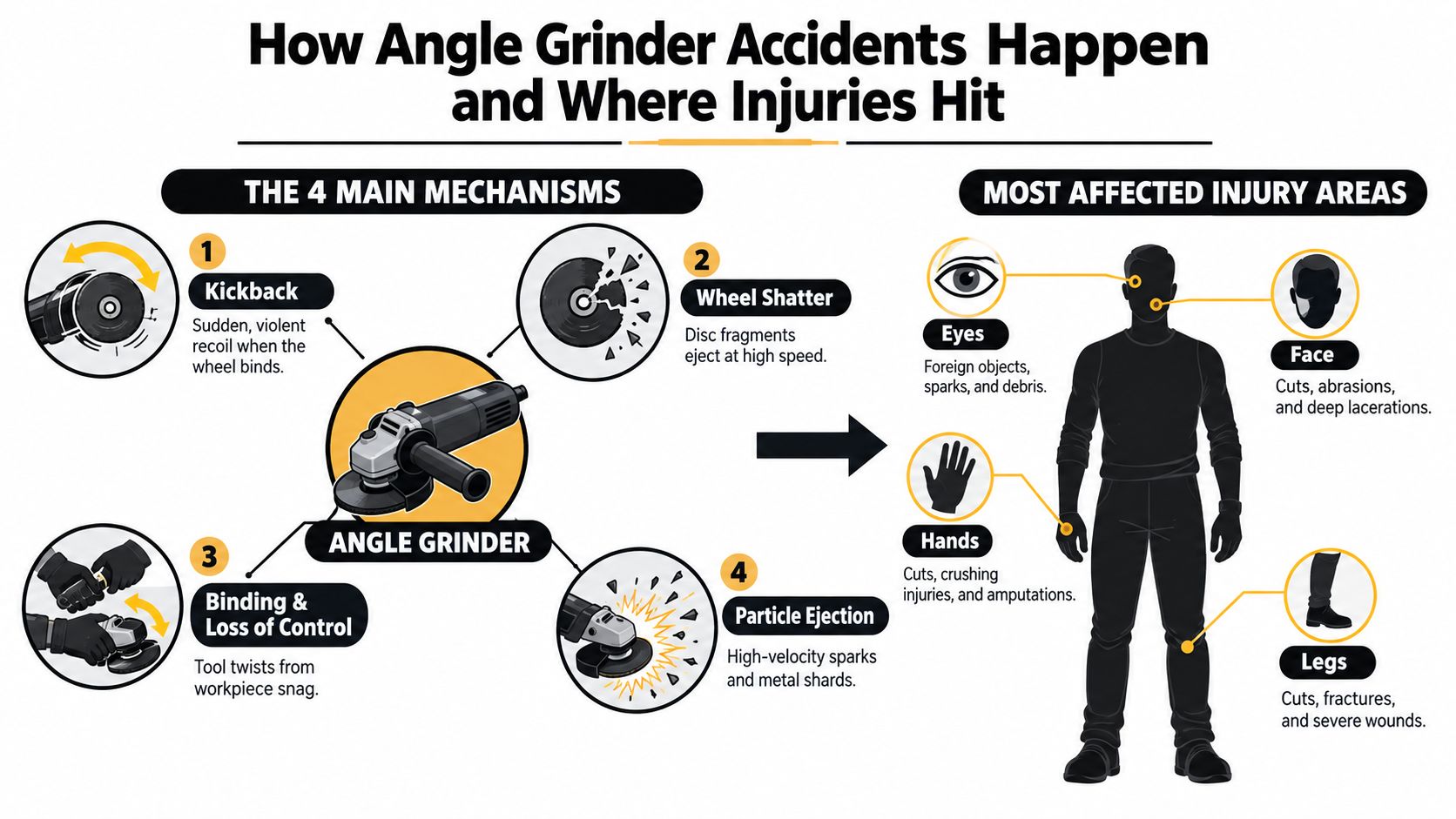 An infographic detailing the four main mechanisms of angle grinder accidents and the most commonly injured body areas.