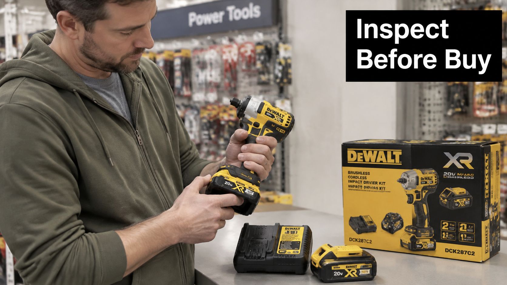 A man in a retail store examining a DeWalt cordless impact driver kit before making a purchase.